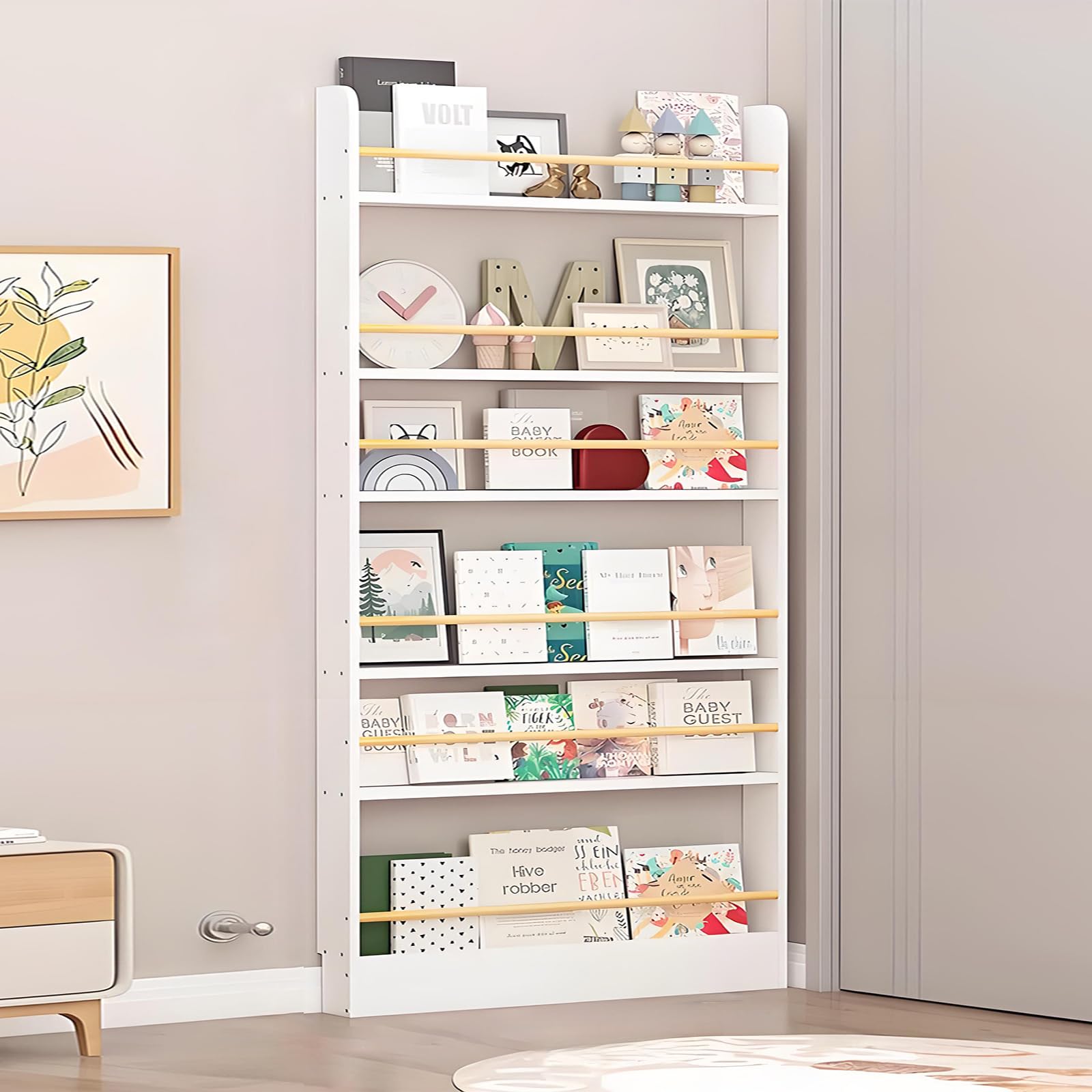 Book Shelf, Behind The Door Bookshelf, Wooden Kids Book Shelf 3/4/5/6 Tier, for Toys and Books, Space-Saving Wall Mount Narrow