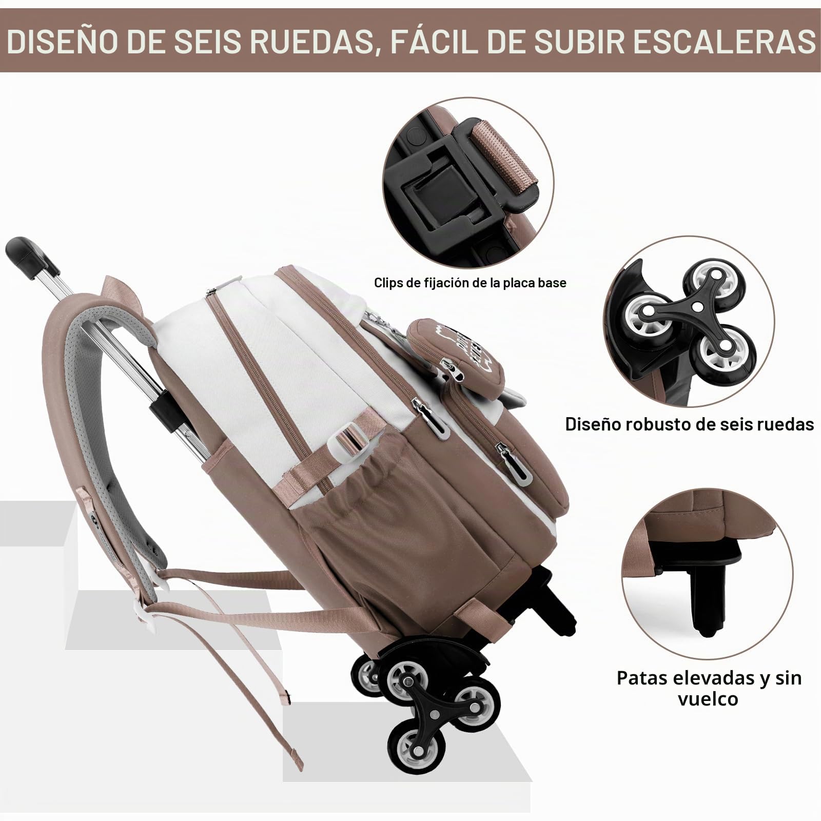 IvyH Mochila con Ruedas para Niñas Niños, Mochila Escolar Adolescentes 6 Ruedas, Carro Mochila Primaria para Chicas Chicos (Marrón)