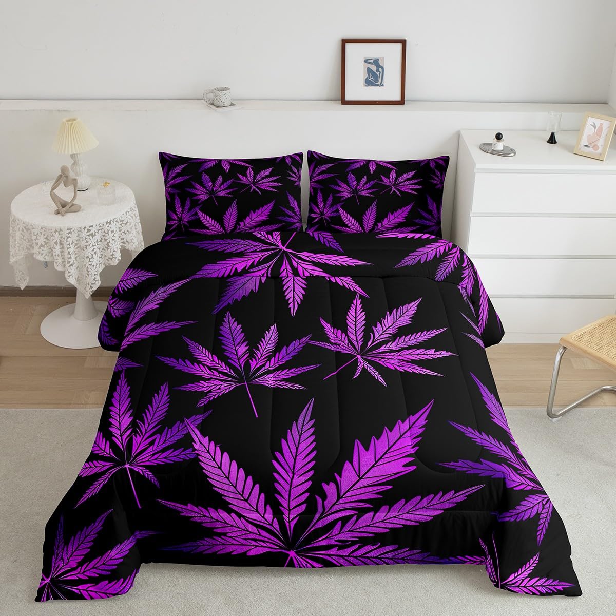 Feelyou Marijuana Leaf Full Size Comforter Set Weed Leaf Botanical Black Purple Bedding Set for Kids Men Women Adults Cannabis Leaves Comforter Luxury Puple Hemp Quilt Set Room Decor 3Pcs
