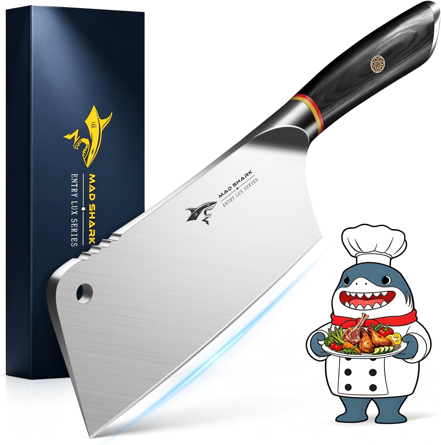 MAD SHARK 7.5 Inch Meat Cleaver with German Military Grade Composite Steel | Professional Bone Chopping Butcher Knife with Heavy Duty Blade, Chinese Chef's Cutting Knife for Home Kitchen & Restaurant