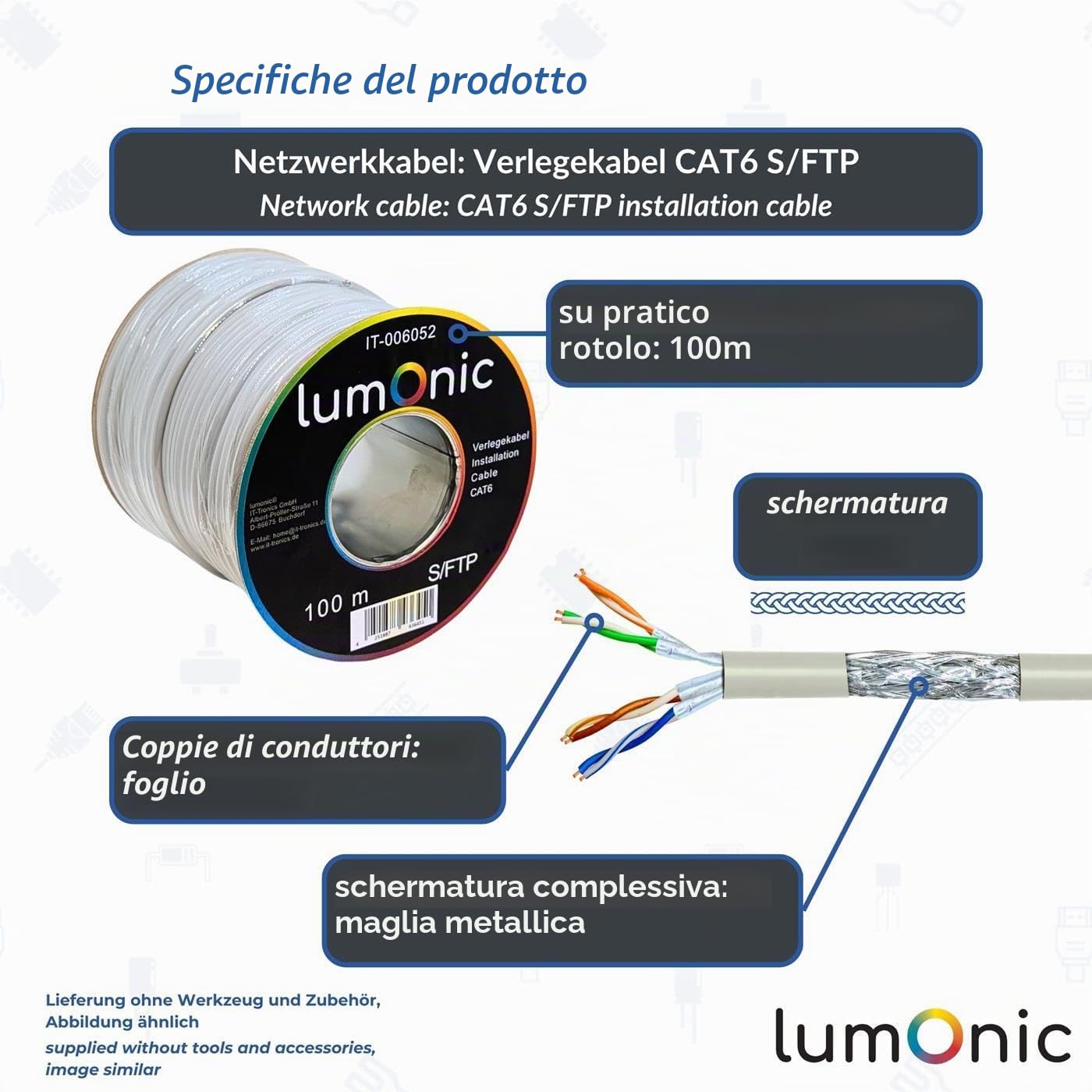 Lumonic 100m Cavo di rete CAT 6 S/FTP PIMF I Cat6-cavo, Gigabit Lan Cavo, Ethernet Cavo I Cavo schermato flessibile, per uso interno fino a 250 MHz