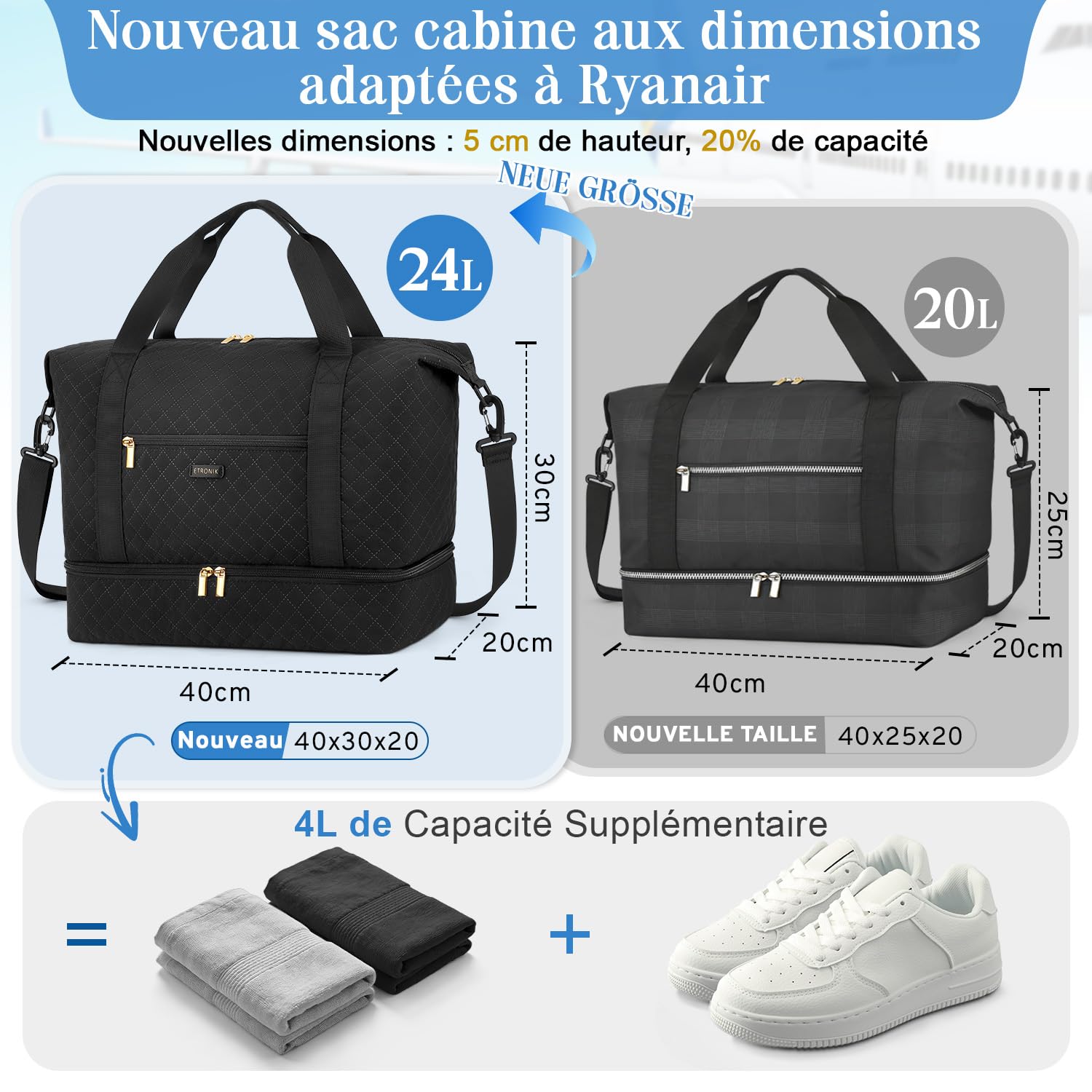 ETRONIK Sac de Voyage Femme, 24L Bagage Cabine à Main Léger avec Compartiment à Chaussures, Sac Cabine Avion ryanair 40x30x20, Sac fourre-Tout de Sport Imperméable pour Travel Weekend Gym Danse, Noir