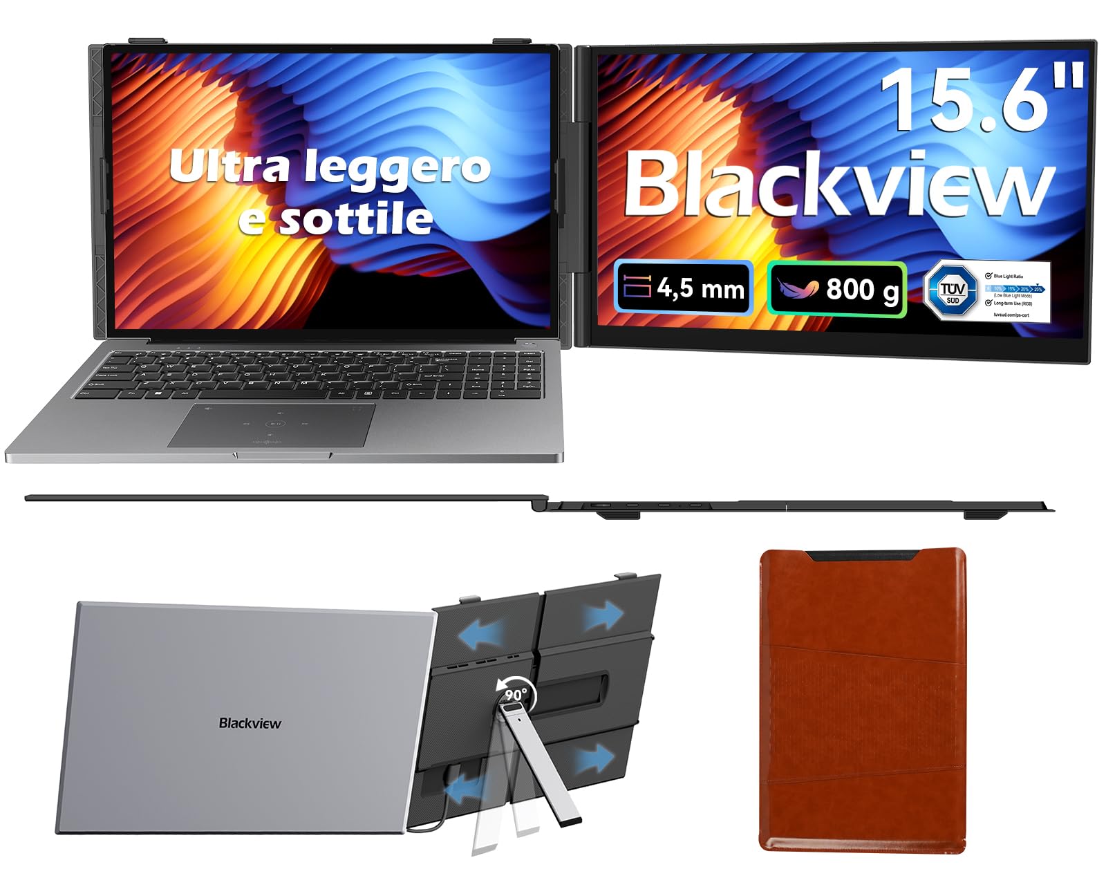 Blackview Monitor Portatile per Laptop, 15,6“ FHD 1200P 100% sRGB FHD Ultra Leggero Adatto a Tutte Dimensioni Laptops Venire con Type-C USB HDMI Plug-Play per Mac, Windows, Chrome, Android