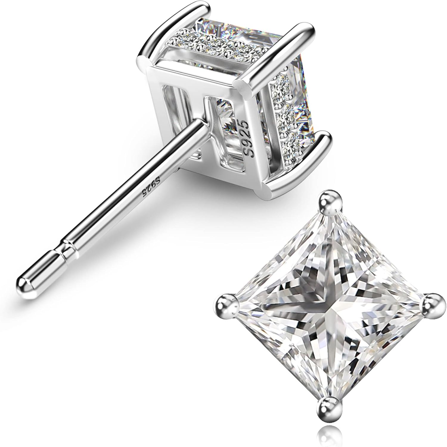 18K White Gold Plated Sterling Silver Princess Cut Cubic Zirconia Stud Earrings Square CZ Diamond Stud Earrings for Women Men Hypoallergenic - Image 2