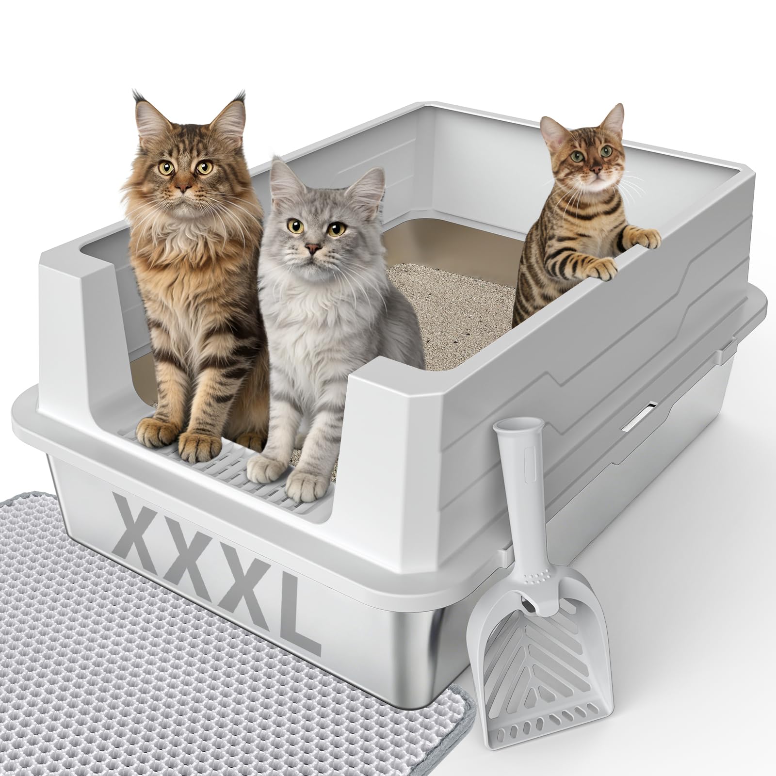 FURTIME XXXL Extra Large Stainless Steel Litter Box with Lid, Large Cat Litter Box for Big Cat, Large Metal Cat Box with High Sided, Non-Stick, Easy Cleaning, Includes Scoop and Mat
