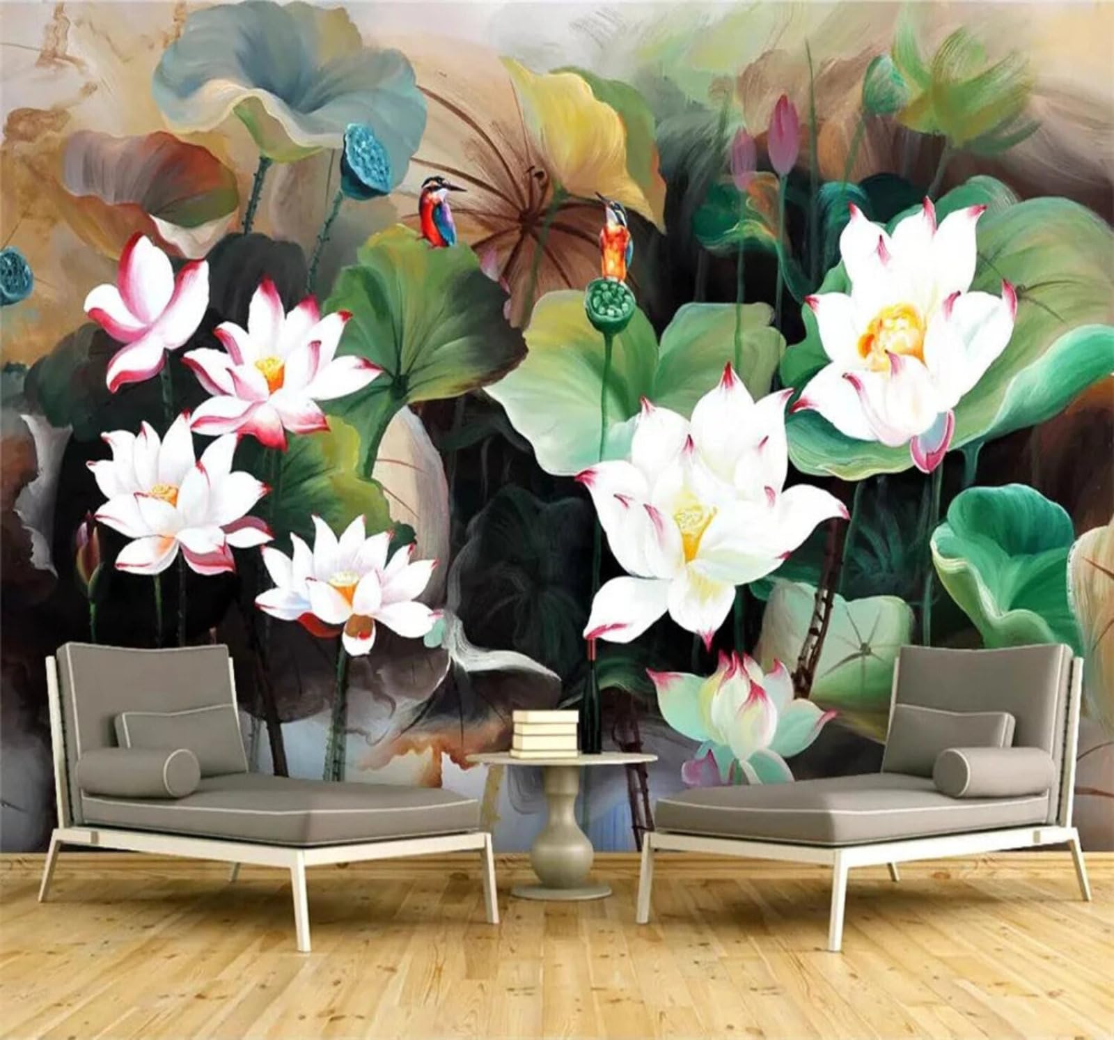 Xlming 250Cm×170Cm(B×H) Hand Drawn Ink Wash Fresh Lotus Art 3D Wallpaper Luxury Silk Study Dining Feature Sofa Grey Bedroom Living Room Tv Decorative Wall-250Cm×170Cm