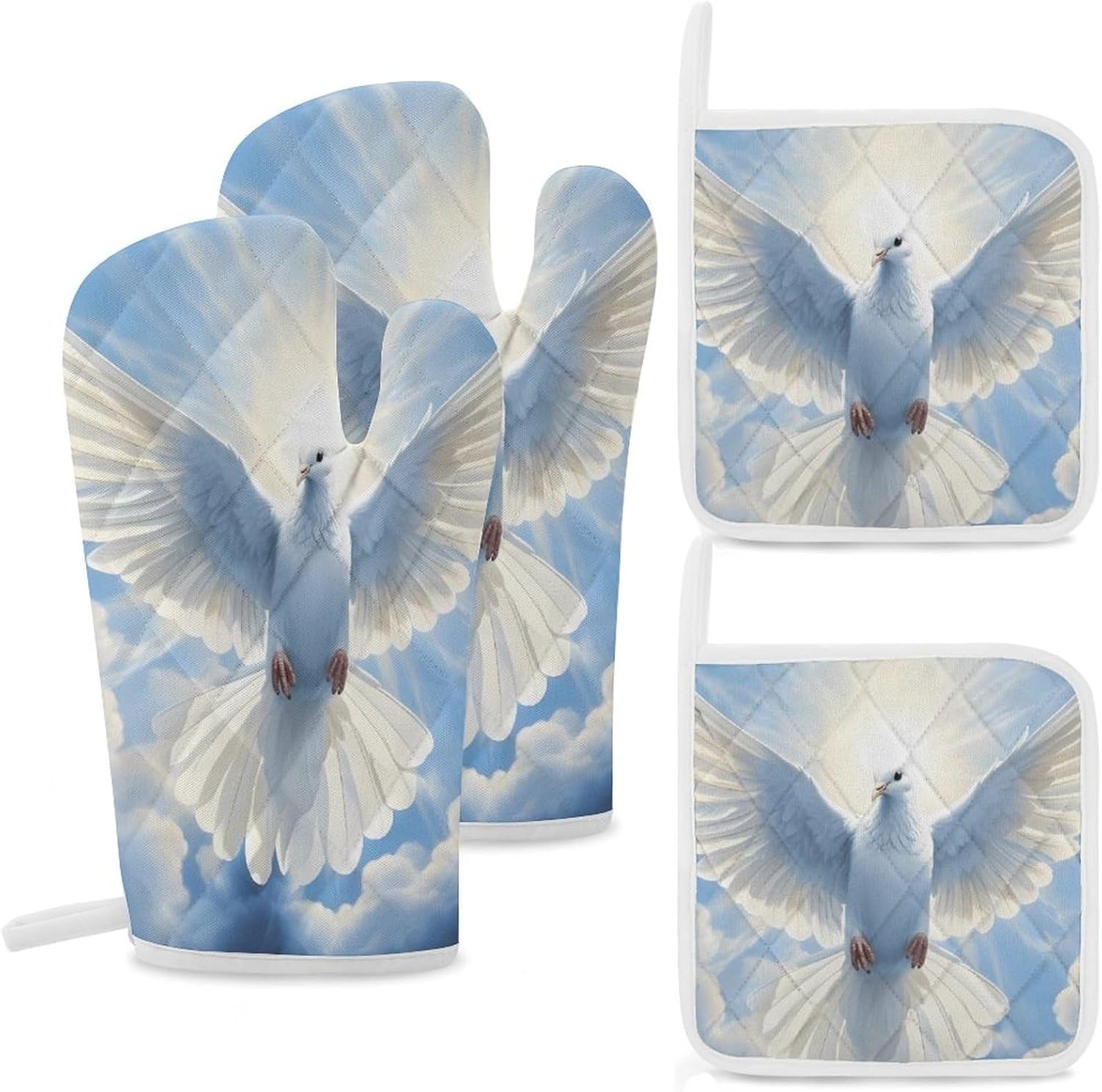 White Dove 4 Pcs Oven Mitts and Pot Holders Set High Heat Resistant Long Kitchen Oven Glove Potholders