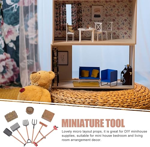 Miniatura 4 de Toyvian 9 piezas DIY mini herramienta de granja miniatura herramienta de jardinería de alta simulación mini rastrillo de pala para decoración de