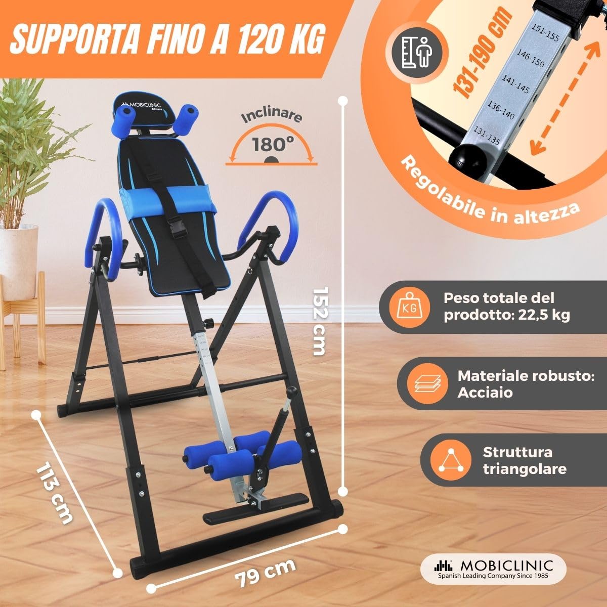 Mobiclinic® fitness, Panca a inversione, Pieghevole, Inclinazione di 180º, Fino 120 kg, Regolabile, Cuscino lombare e poggiatesta, Quattro sistemi sicurezza, Stretching ed esercizi addominali