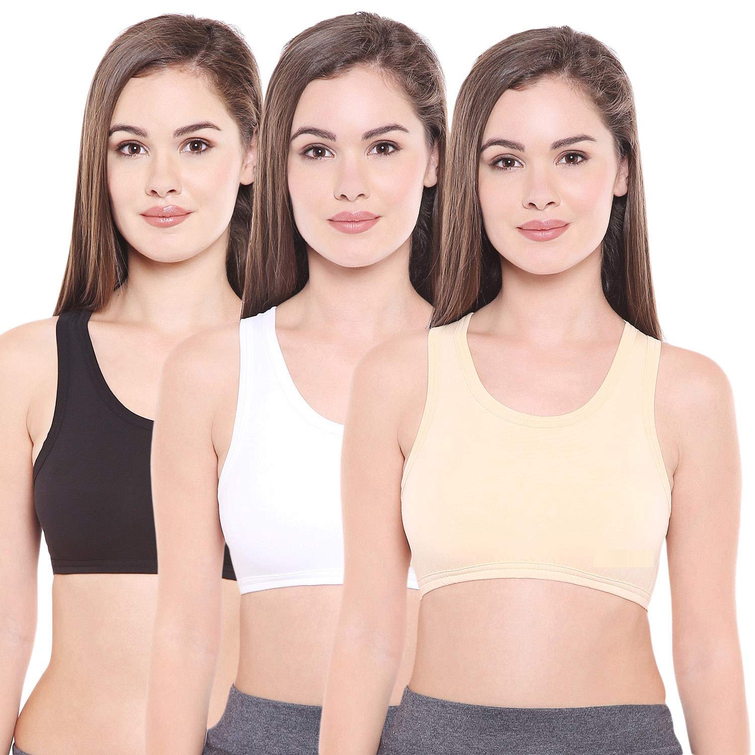 FEELBLUECotton Lycra Non-Padded Seamless Sports Bra for Girls/Women Gym, Yoga, Dance etc. (Black, White, Skin) - Combo Pack of 3