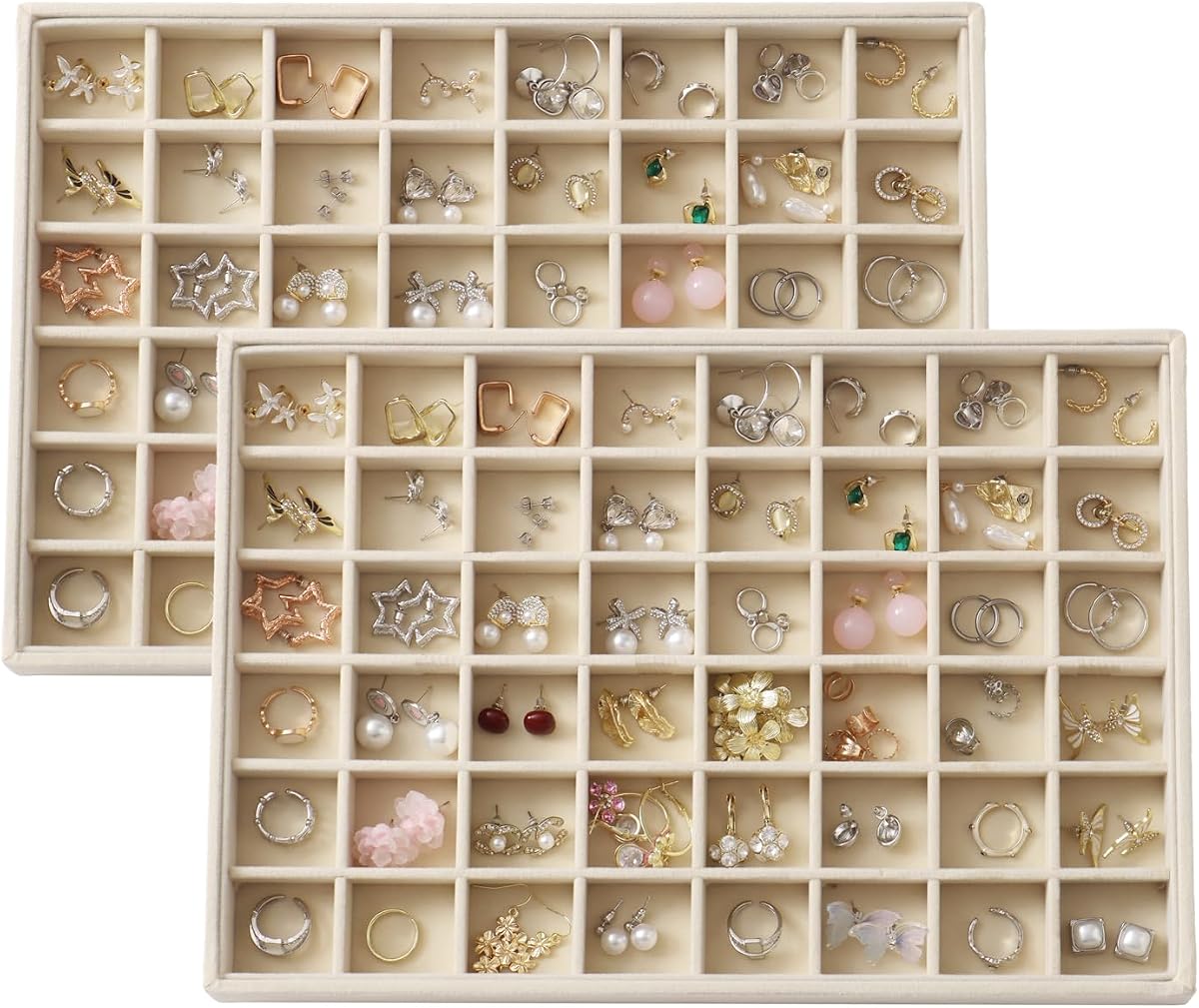 Large Velvet Jewelry Tray Display Drawer Inserts 2 Pack | Stackable Jewelry Organizer for Earring Bracelet Necklace Ring (Beige, 48 Grids)