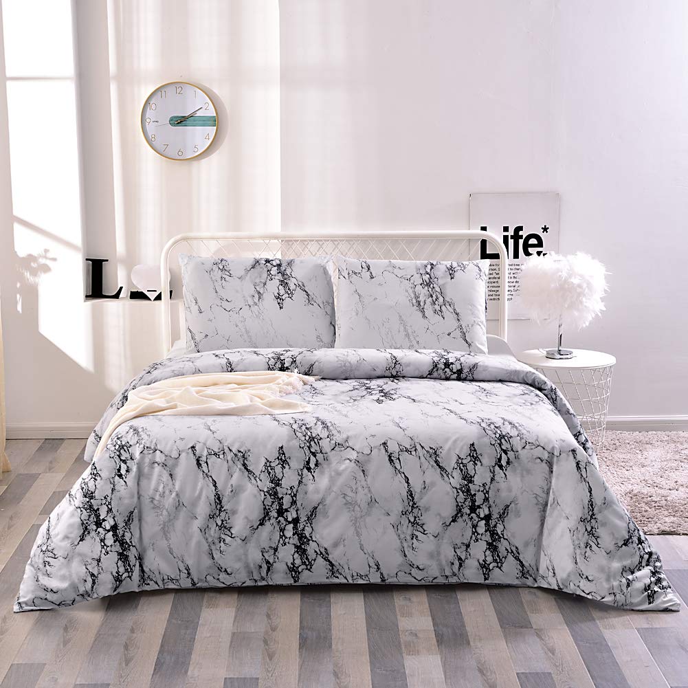 Yasosing Home Bedding 3 Piece Duvet Cover Set Hypoallergenic Brushed Microfiber Modern Geometric White Marble Pattern Printed Bed Comforter Cover (1Duvet Cover+2 Pillowcases) Full/Queen Size(90"x90")