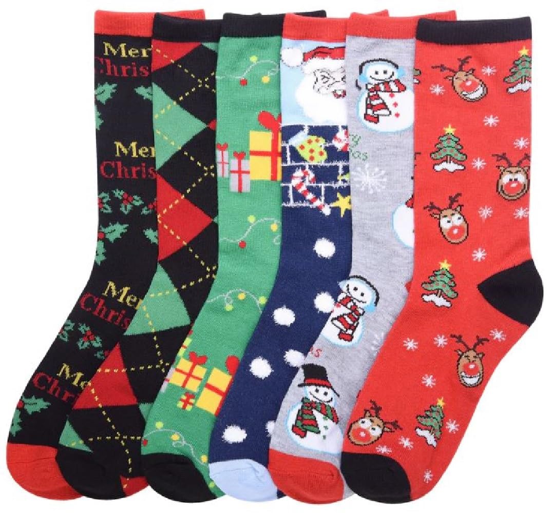 I&S 6 Pairs Crew Socks, Printed Fun Colorful Festive, Crew Sock Women Colorful Fancy Design Soft (Christmas #4)