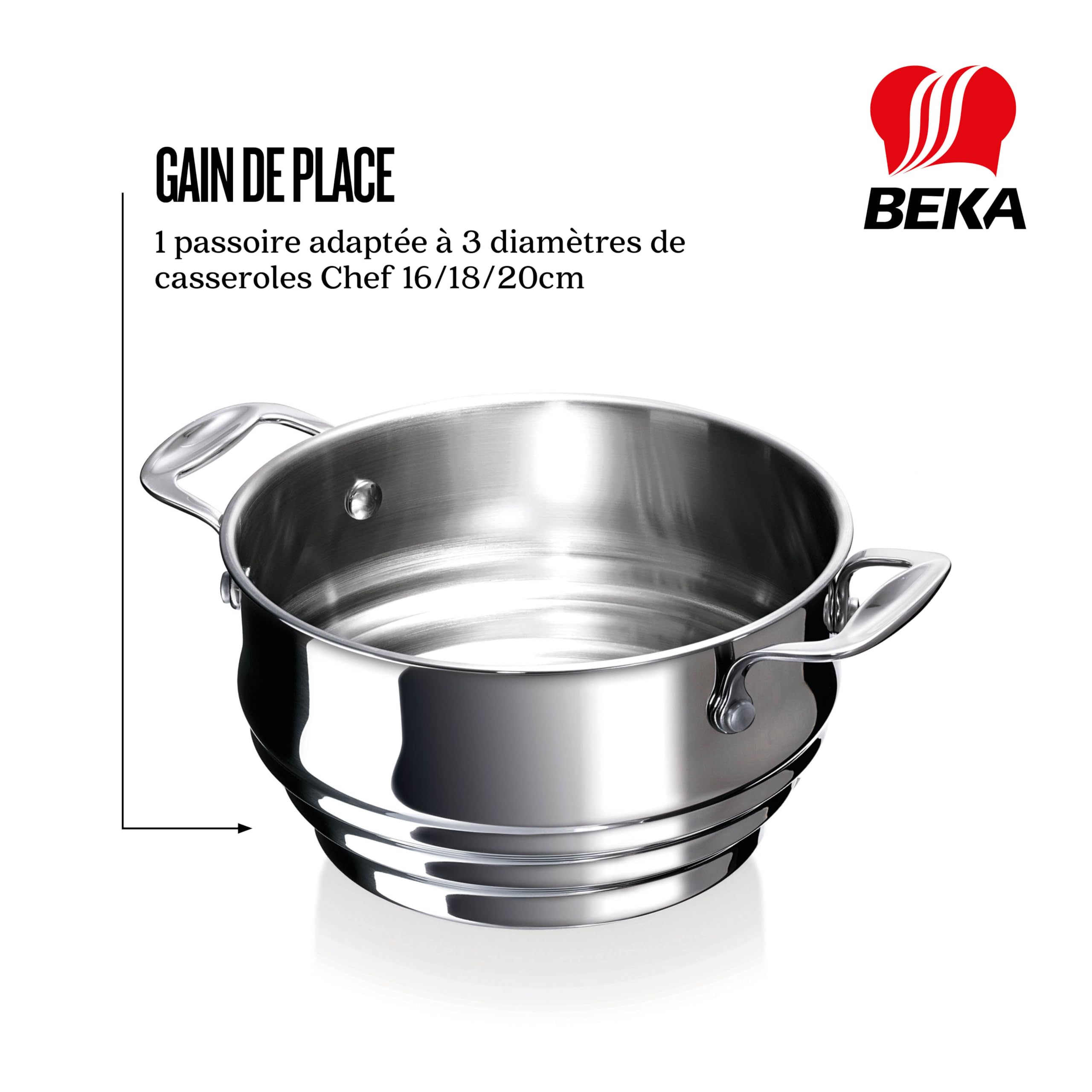 Beka Chef Panier Vapeur Inox 18/10 - Compatible Casseroles 16, 18 & 20 cm - Cuisson Saine Sans Matière Grasse