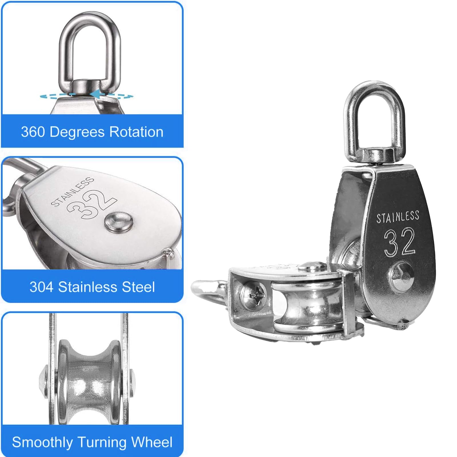 4 Carrucole In Acciaio Inox M15 Con Moschettoni - Capacità 35kg Per Sollevamento - Foto 6