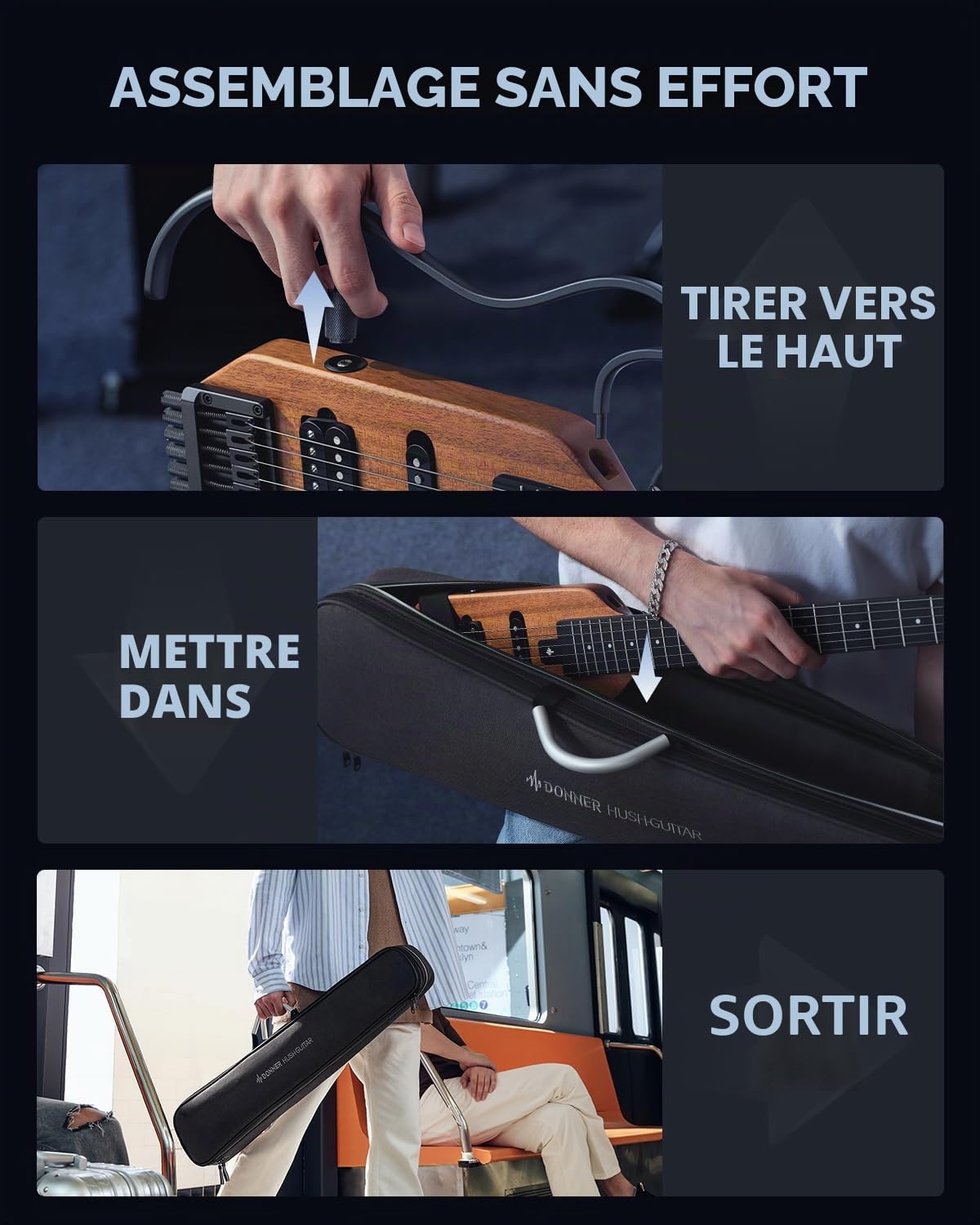 Donner HUSH-X Kit de Guitare Électrique - Guitare Headless Ultralégère, Idéale pour les Voyages et l'Entraînement, Corps en Acajou Massif avec Cadres Faciles à Assembler, Tous les Accessoires, Naturel