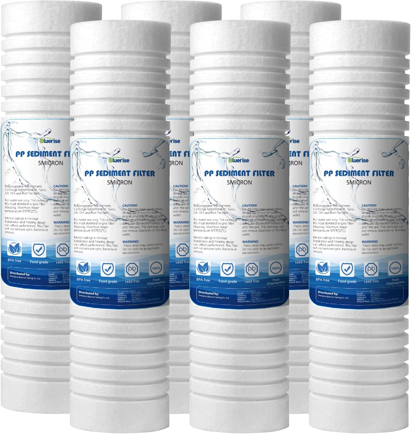 BLUERISE 5 Micron 10" x 2.5" Water Filter Replacement Whole House Sediment Home Water Filter Replacement Cartridge Ro Sediment Filter Easy Installation Fits Any 10" Reverse Osmosis Unit - 6 Pack