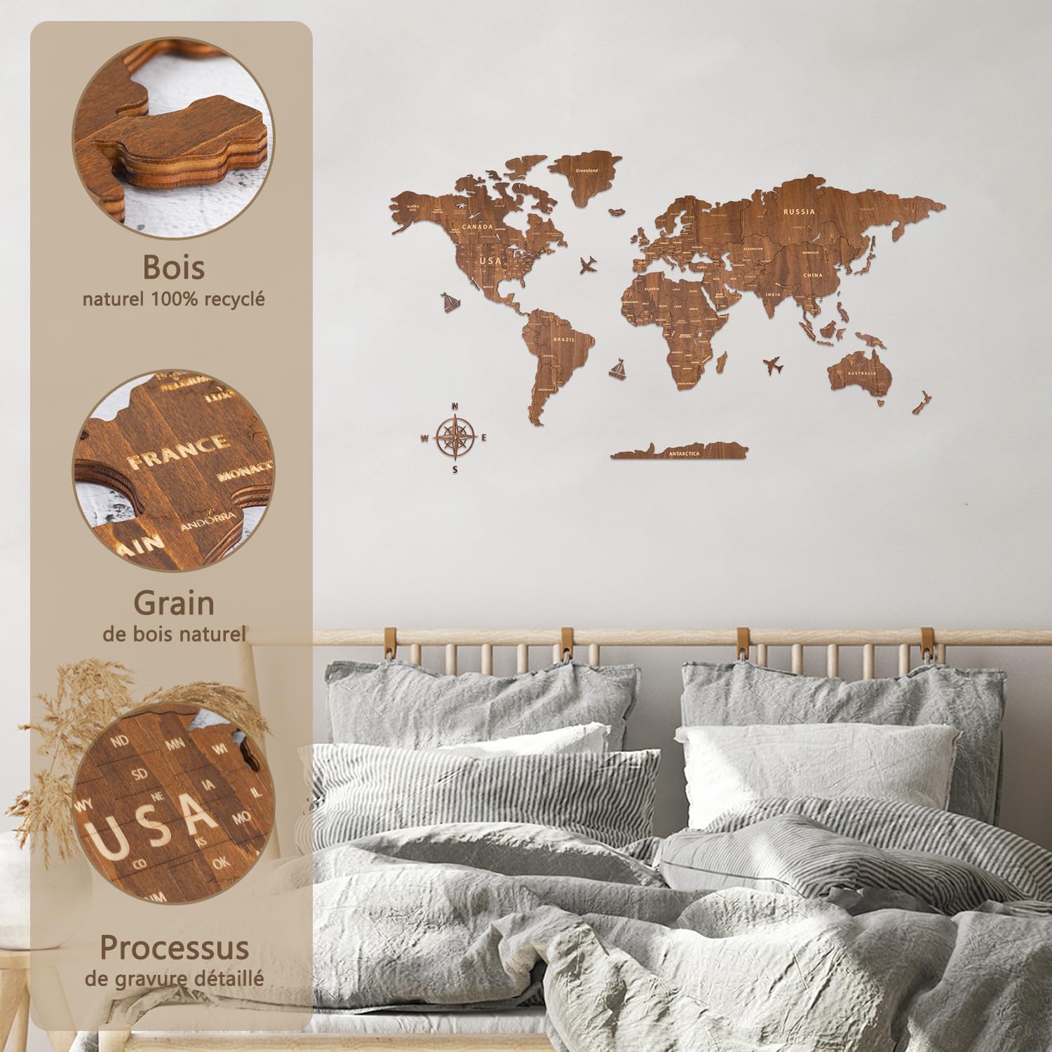 Creawoo Carte du monde de voyage en bois de noyer 100 x 57 cm