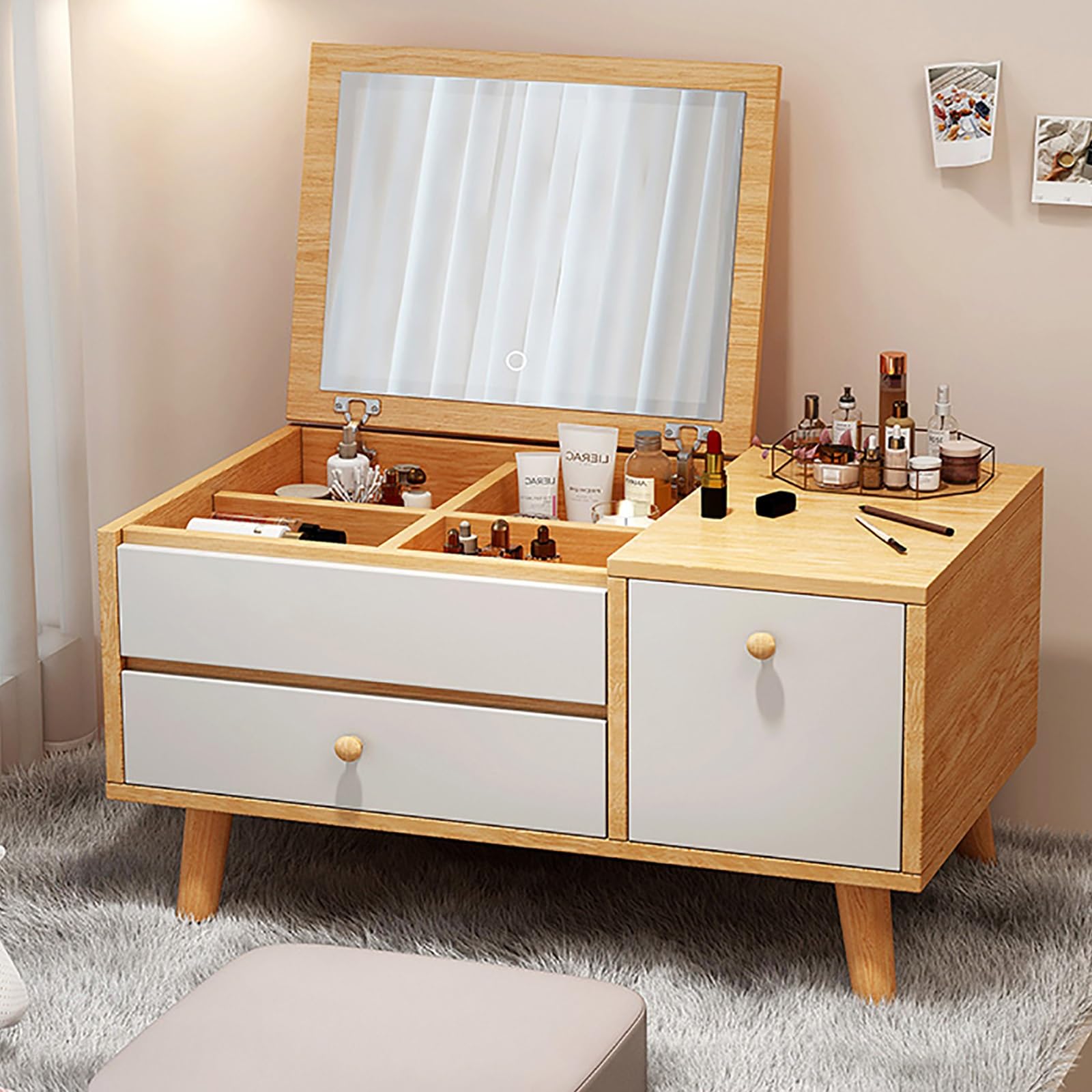 CGCSYZ Chic White Vanity Table with Window, Makeup Desk with Drawers & Cushioned Stool, HD Mirror Dressing Table for Bedroom, Stylish Makeup Station (Wood)