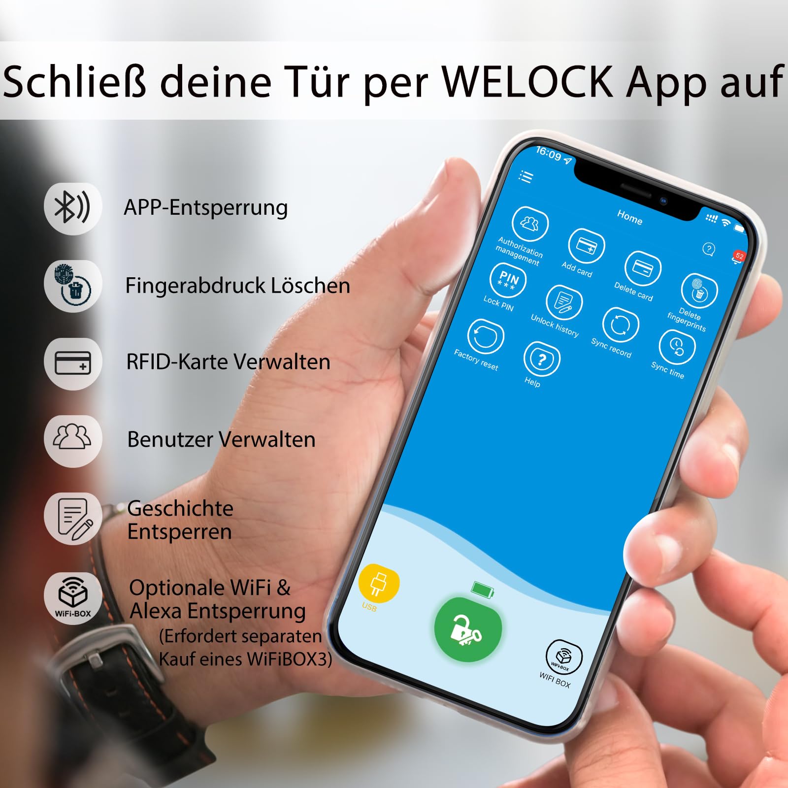 WELOCK SECBNEBL51 Fingerabdruck Schloss,Elektronisches Türschloss mit RFID Karte Bluetooth WiFi für 30-70mm Verstellbarer Zylinder,Elektronischer Schließzylnder,Türschloss Fingerprint, Silber