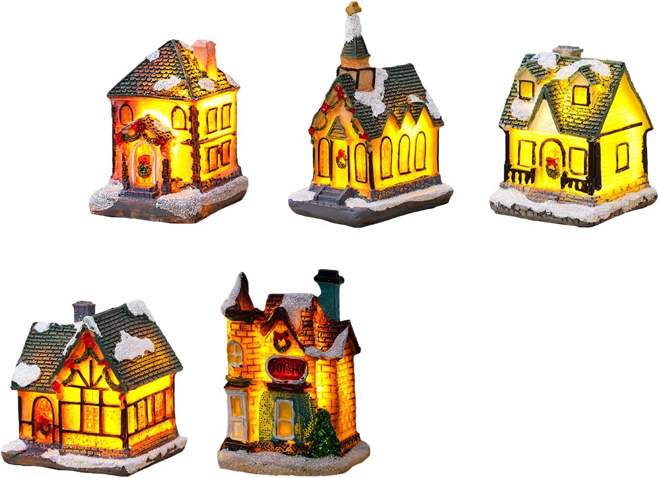 MSUIINT 5PC Christmas Winter Village Houses Set, LED Lighted DIY Christmas Scene Figurines Decor Xmas Miniature Resin Ornament Kits, Xmas Shining House Street Lamp Room Decor for Holiday Party, A-E