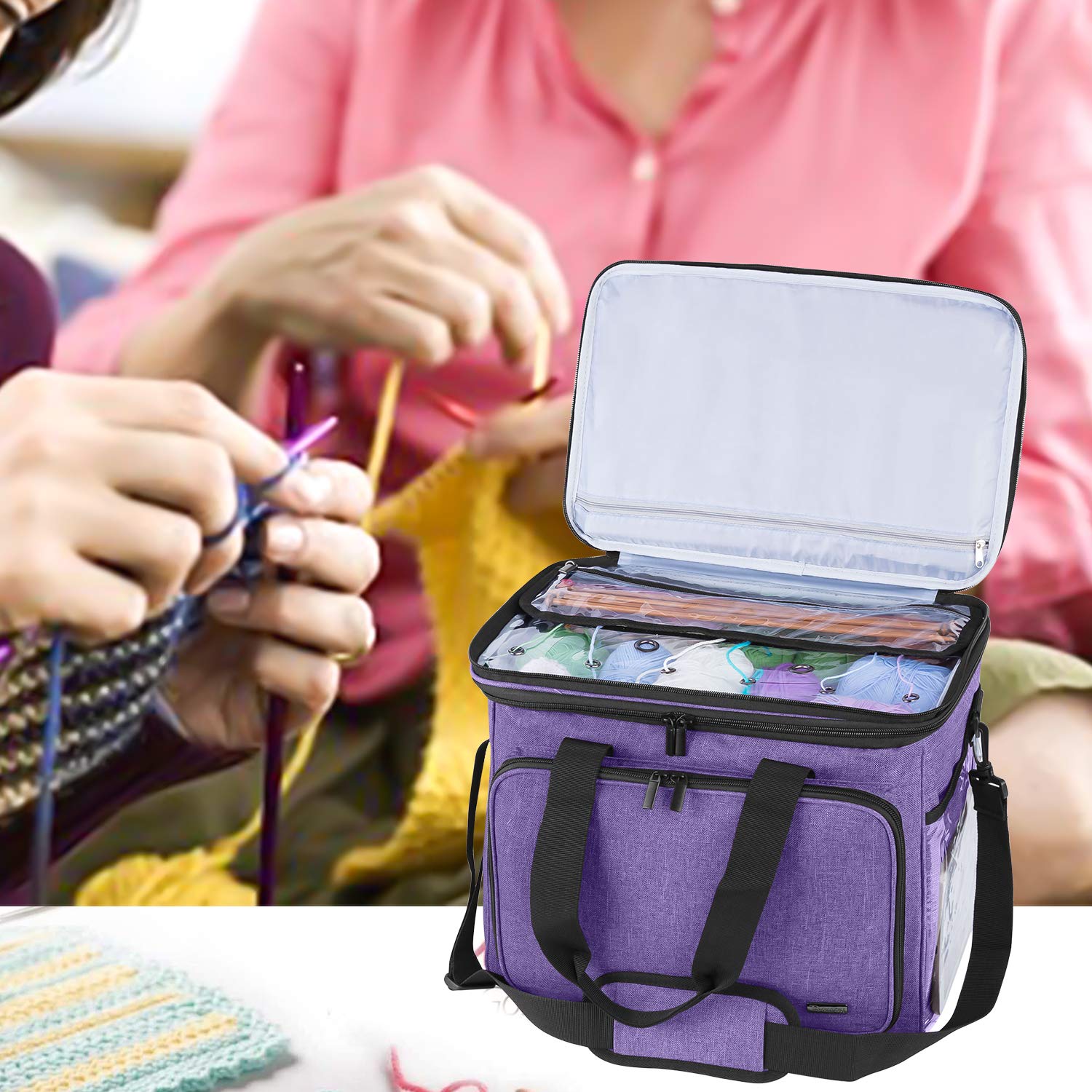 Teamoy Bolsa de Almacenamiento para Lana Adecuada para Transportar Lana de Tejer, Ganchillo y Bolsillos para Accesorios (no Incluye Accesorios), Lilane, Groß mit Nylon-Oberteil