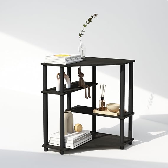 Furinno Turn-N-Tube Storage Shelves, 4-Tier Corner Shelf, Toolless Assembly Display Rack, Corner Bookshelf for Small Space, for Organization and Storage, Living Room, Home Office, Espresso