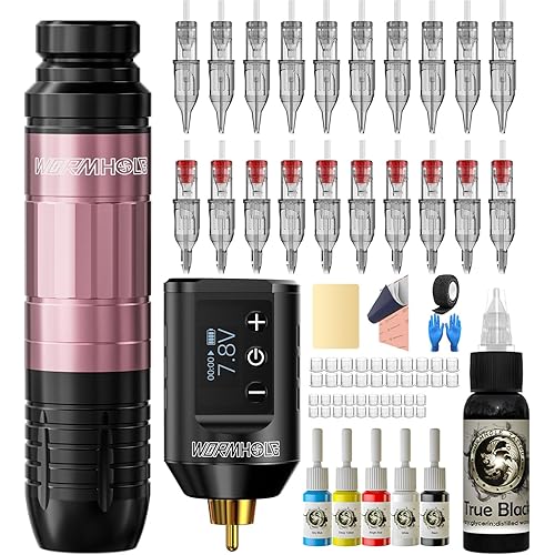 Wormhole Tattoo Gun Kit, Wireless Tattoo Machine Kit Complete Tattoo Practice Kit Rechargeable Cordless Tattoo Power Supply Portable 1500mAh with LED Digital Display for Tattooist WTK260