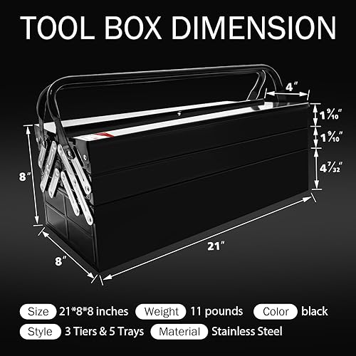 Miniatura 2 de Caja de herramientas de metal en voladizo, caja de herramientas de acero plegable de 21 pulgadas con asa de 3 niveles y 5 bandejas, caja