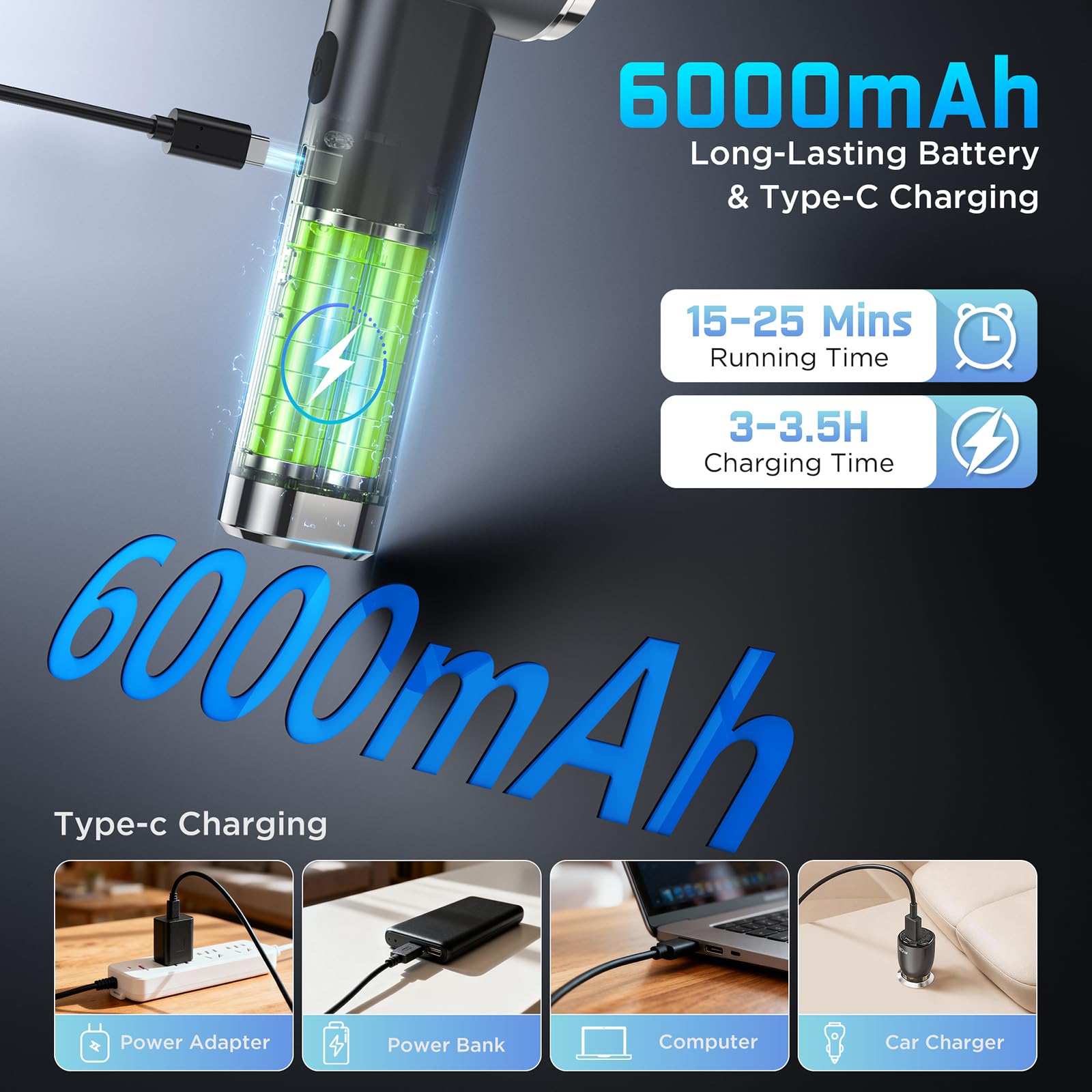 Aspirateur Voiture Puissant 4-en-1, 25000Pa Aspirateur à Main Sans Fil avec Moteur Brushless, 2 Vitesses, 6000mAh, 150000 RPM Souffleur Air Comprimé Pour Bureau, Voiture, Maison, Cuisine, Poils