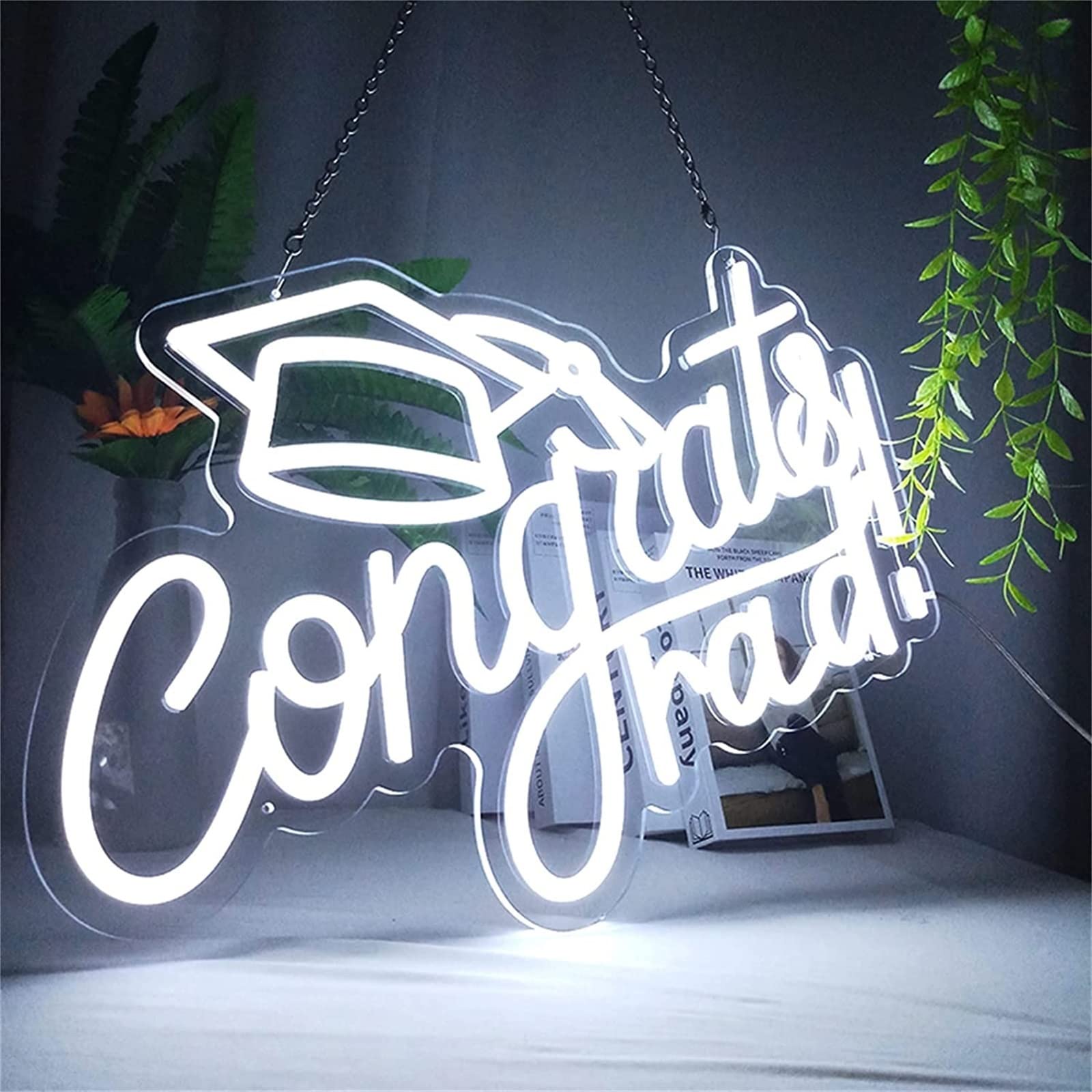 Felicidades Grad Letrero de neón Luz de modelado LED Letrero de letras luminosas Panel de acrílico Luz decorativa de neón, 54X34cm (Color : Cool White)