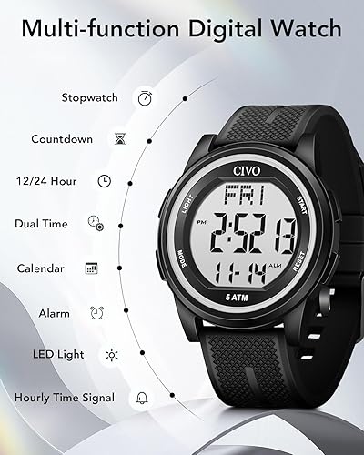 Miniatura 4 de CIVO Digital Watches for Men Women Sports Waterproof Wristwatch with Stopwatch Alarm Date - LED Backlight Big Numbers Silicone Watch for Outdoor