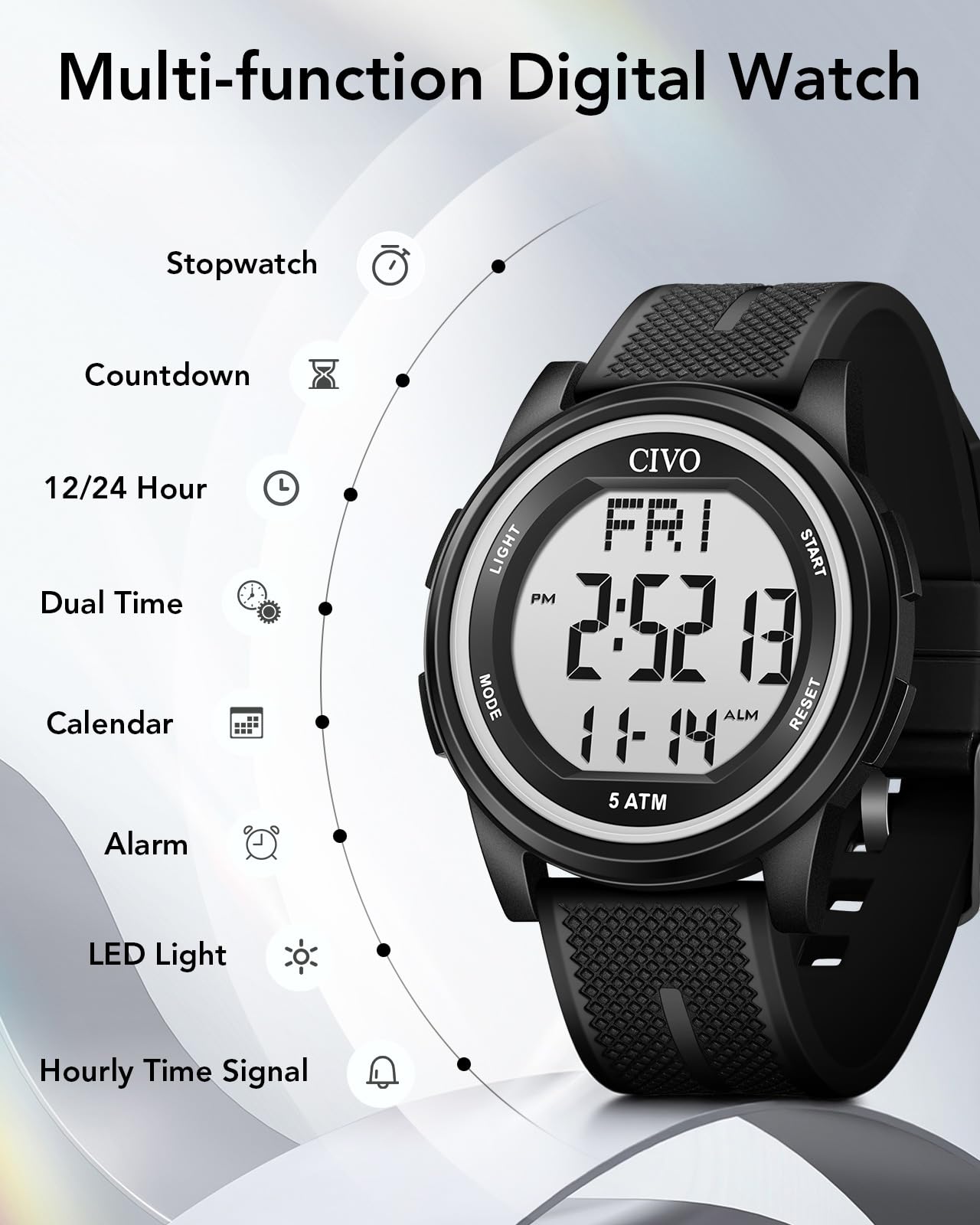 CIVO Digital Watches for Men Outdoor: Waterproof Sport Watch with Stopwatch Alarm Date - LED Backlight Countdown for Running and Cycling