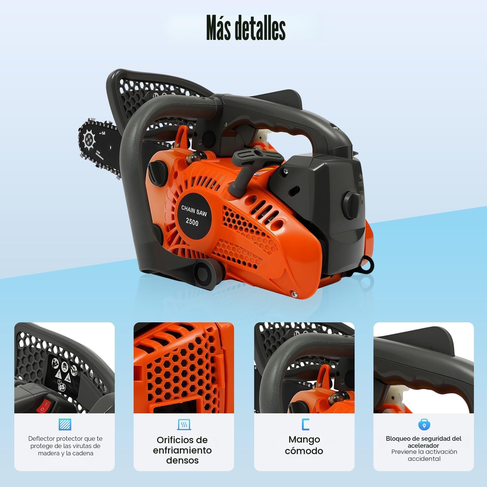 Motosierra gasolina 900 W, herramienta ligera portátil, motor de 2 tiempos 1.22 CV, barra guía 30 cm, arranque rápido, para jardín poda bosque, compacta 5 kg, funda protectora