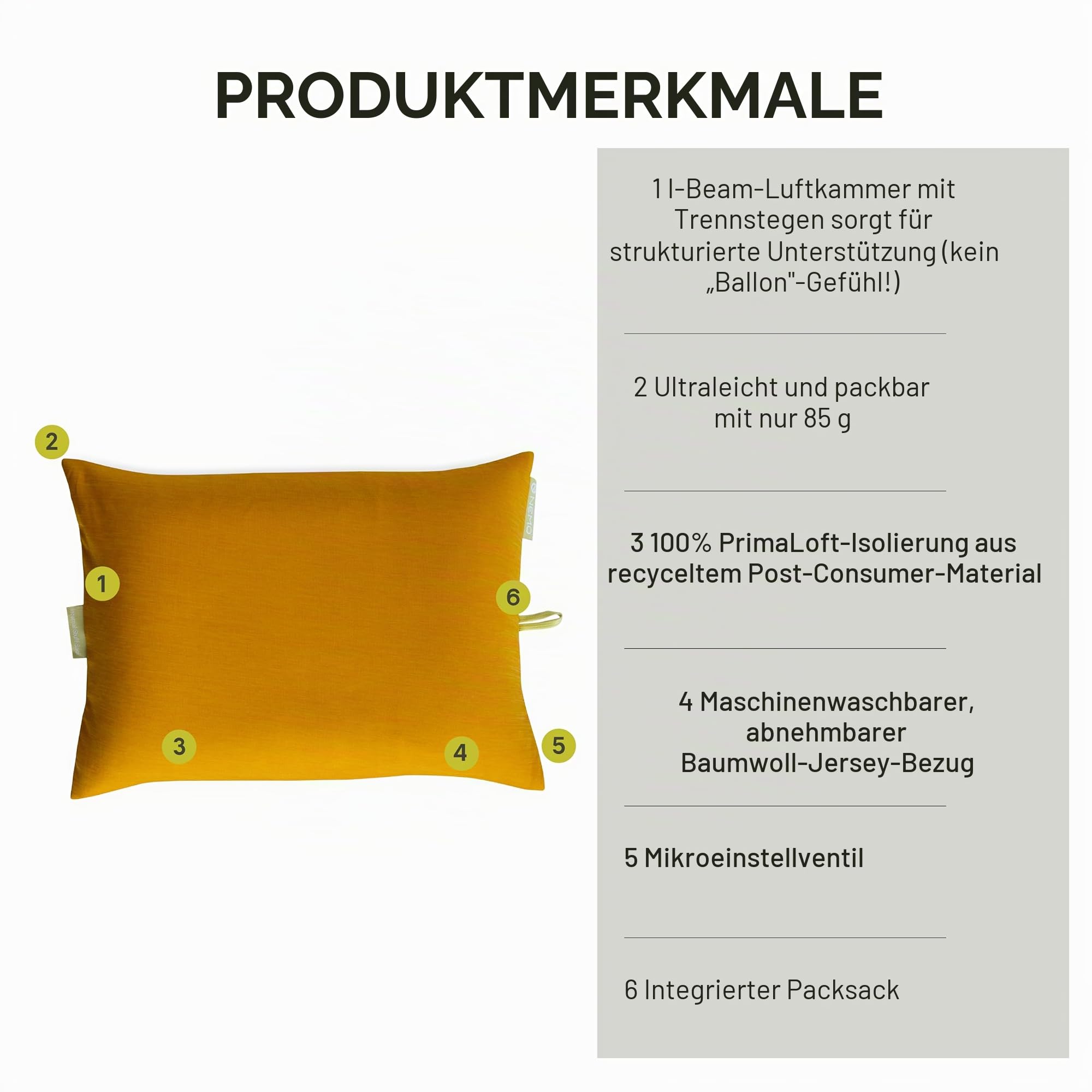 Nemo Fillo Elite Ultraleichtes Kissen, aufblasbares Rucksackkissen für Reisen, Rucksackreisen und Camping, Mango/Zitrone