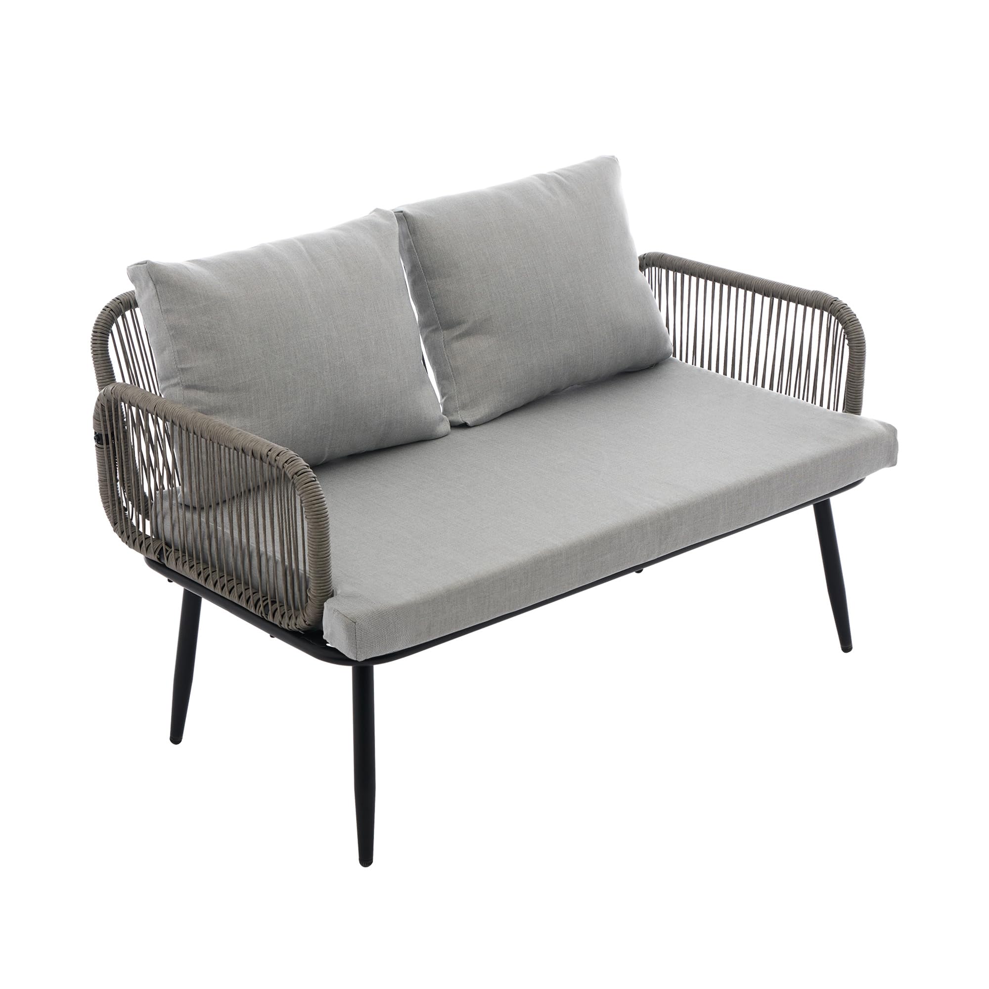 Set di sedie da giardino, con comodo cuscino, divano a 2 posti, 2 poltrone e tavolino da caffè, in acciaio zincato, corda intrecciata a mano, piano in vetro in stile venatura del legno, grigio