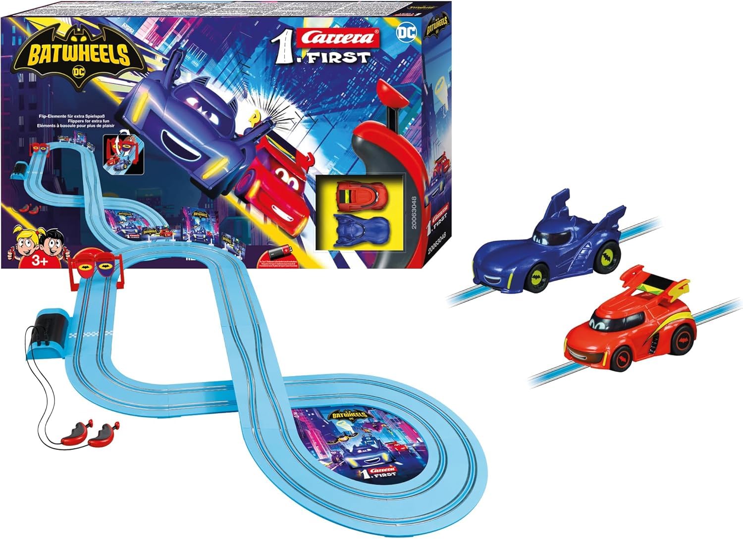 Carrera FIRST Batwheels, Batman 20063048 DC Ready FIRST Slot Car Racing Track for Children from 3 Years, 2.9 Metres, Bam Red