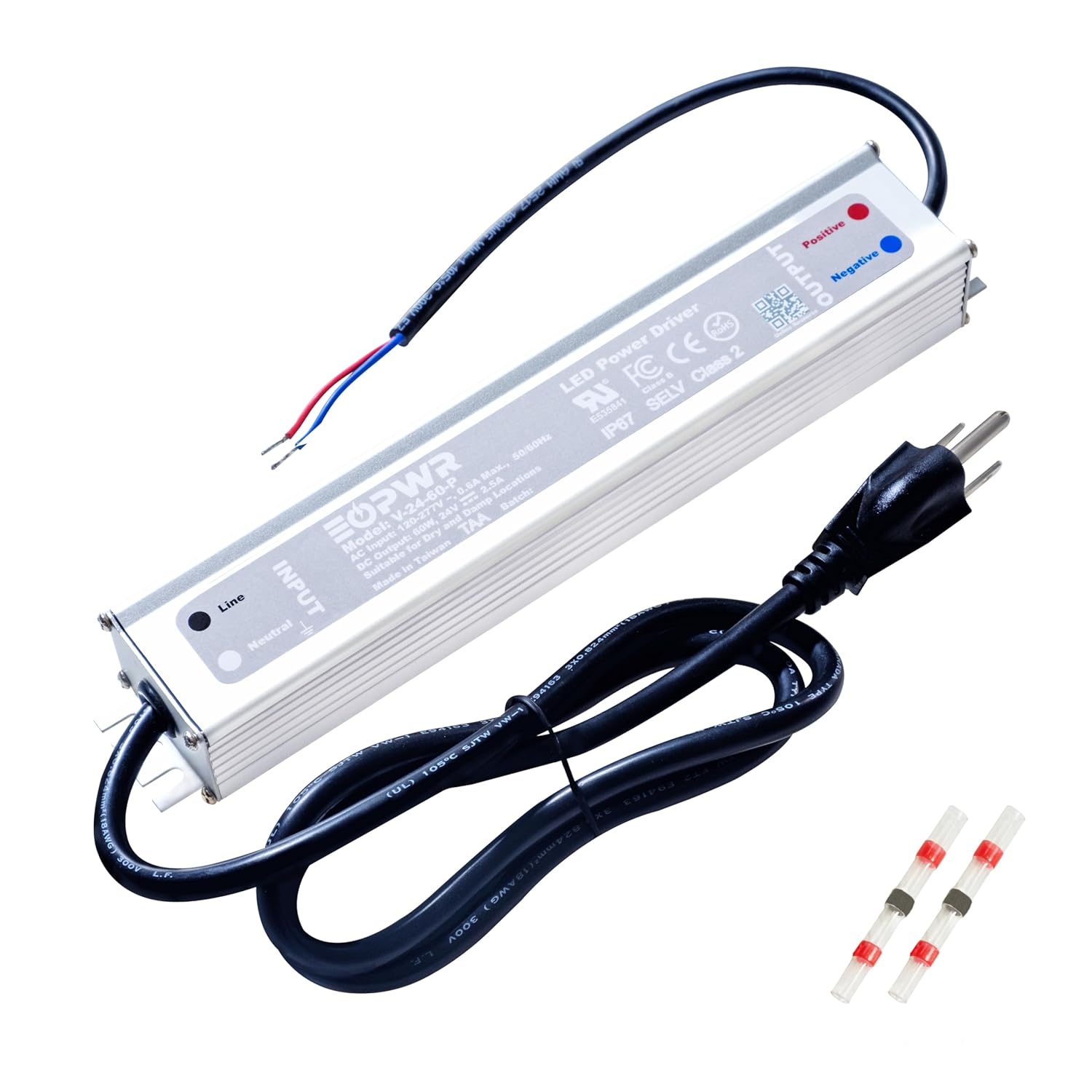 LED Driver 60W Waterproof IP67 Power Supply AC120-277V to 24VDC US 3-Prong Plug Low Voltage Transformer Adapter for Outdoor LED Lighting CE UL TAA (24V 60W)