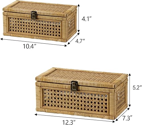 Miniatura 4 de Caja decorativa de ratán, cajas de exhibición bohemias con tapas, juego de 2 cestas de almacenamiento de mimbre rectangulares, contenedores de caña