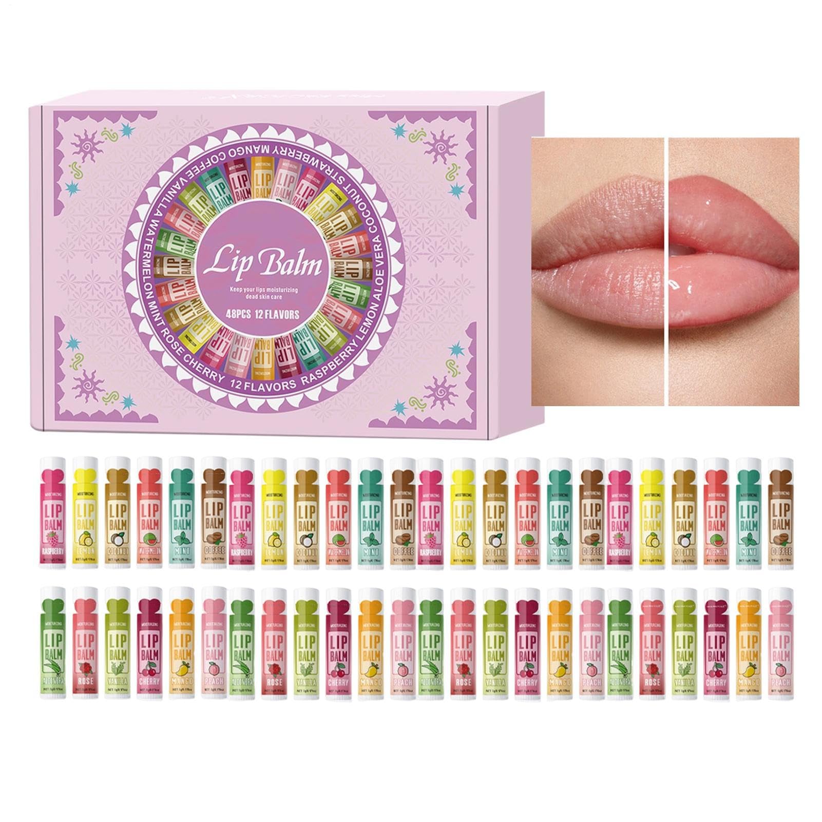 Balsamo per labbra naturale, set da 48 pezzi, 12 sapori, rossetto lucido, per donne, ragazze, feste, ufficio, casa, routine, pendolari, San