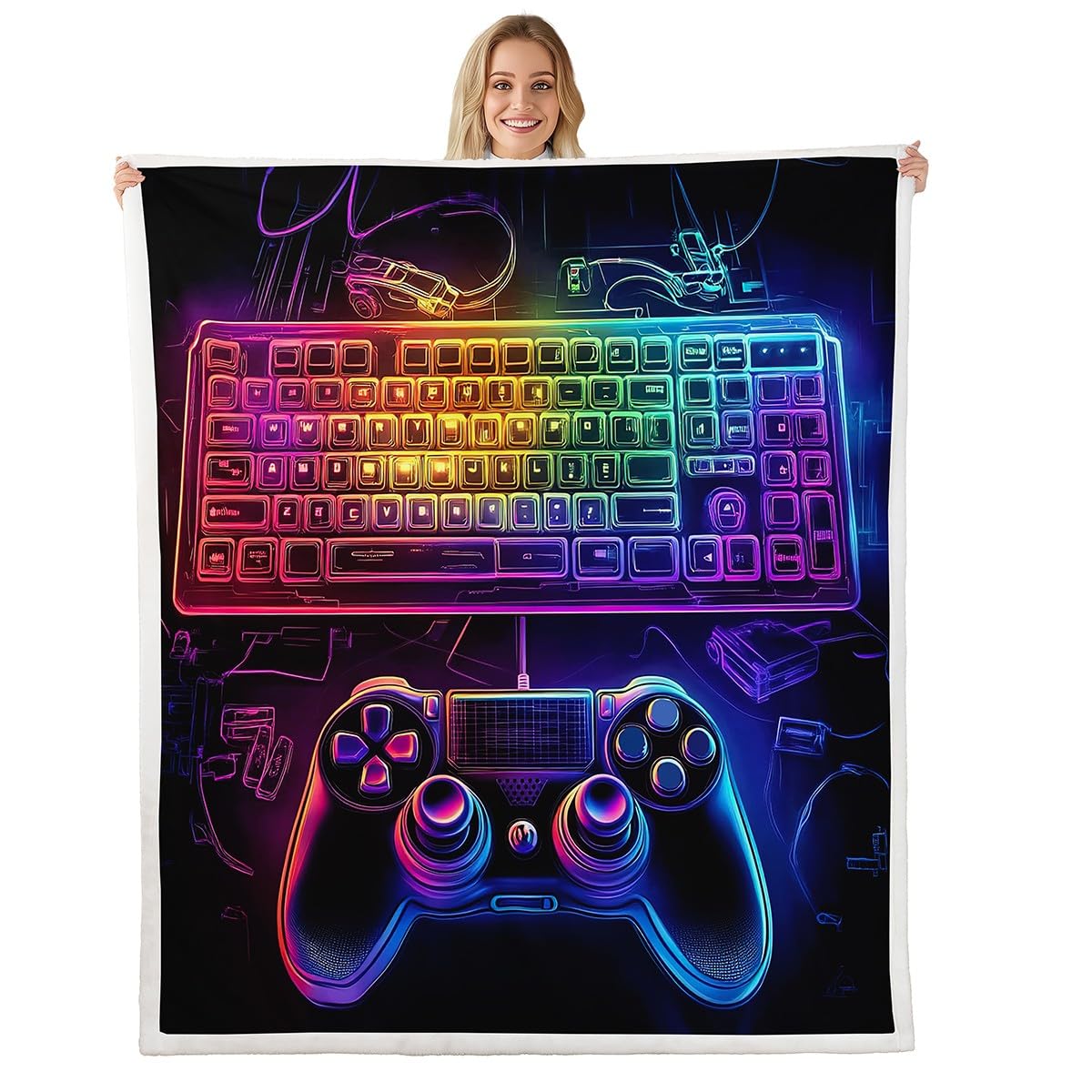 Homemissing Gamer Decke 150x200cm Neon Gamer Kuscheldecke für Kinder Jungen Mädchen Bunte Spiel Controller Kuscheldecke Videospiel Atmungsaktiv Flanell Fleecedecke Schlafzimmer Sammlung