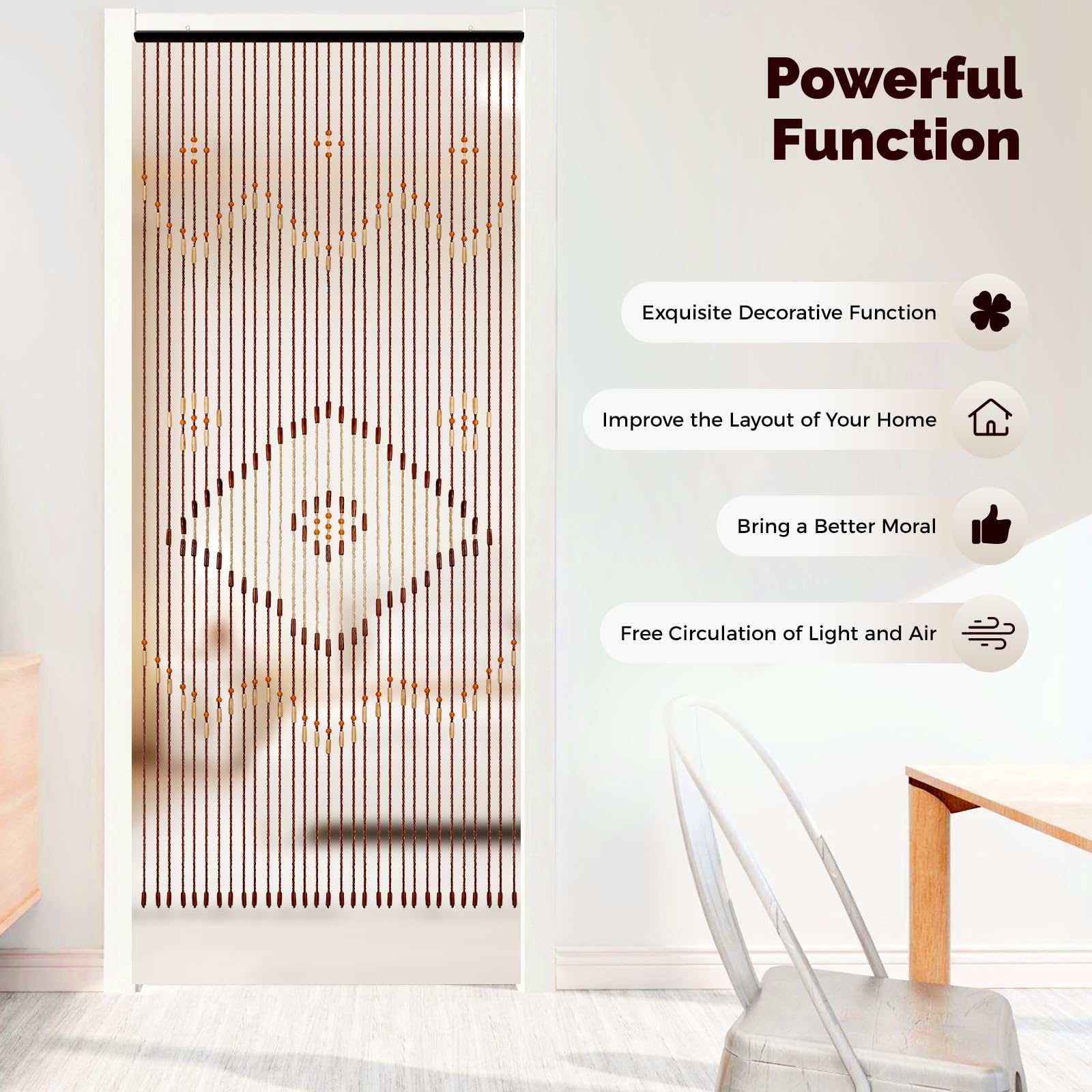 Deko Rideau de porte à perles en bois - 90 x 208 cm - Rideau de perles en bois - Rideau naturel à perles en bois - Rideau à fils - Anti-insectes - Rideau de perles en bois