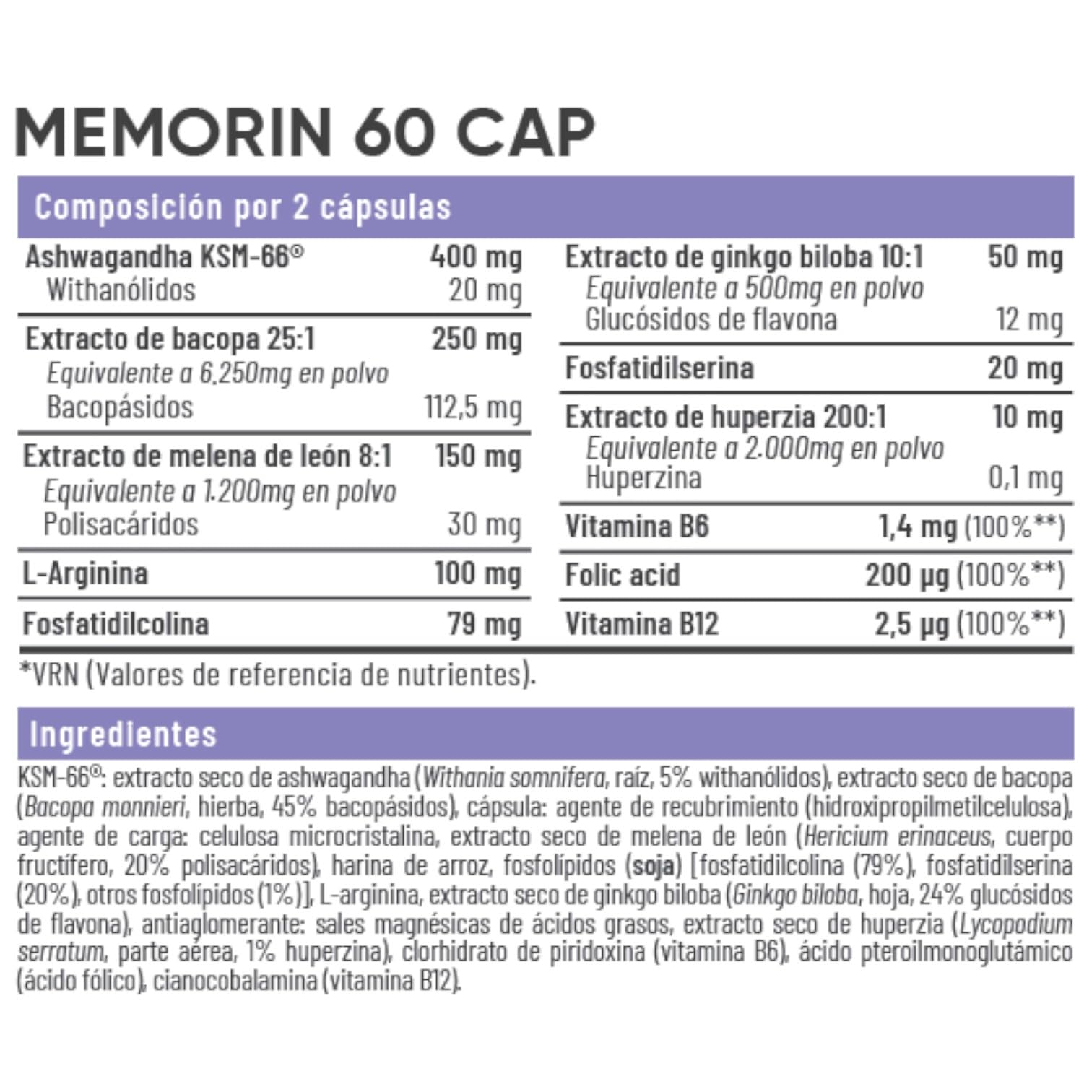 Memorin 60 Cápsulas – Fórmula con KSM-66® Ashwagandha, Bacopa, Ginkgo, Fosfatidilserina – Suplemento para Memoria, Concentración y Rendimiento Cognitivo
