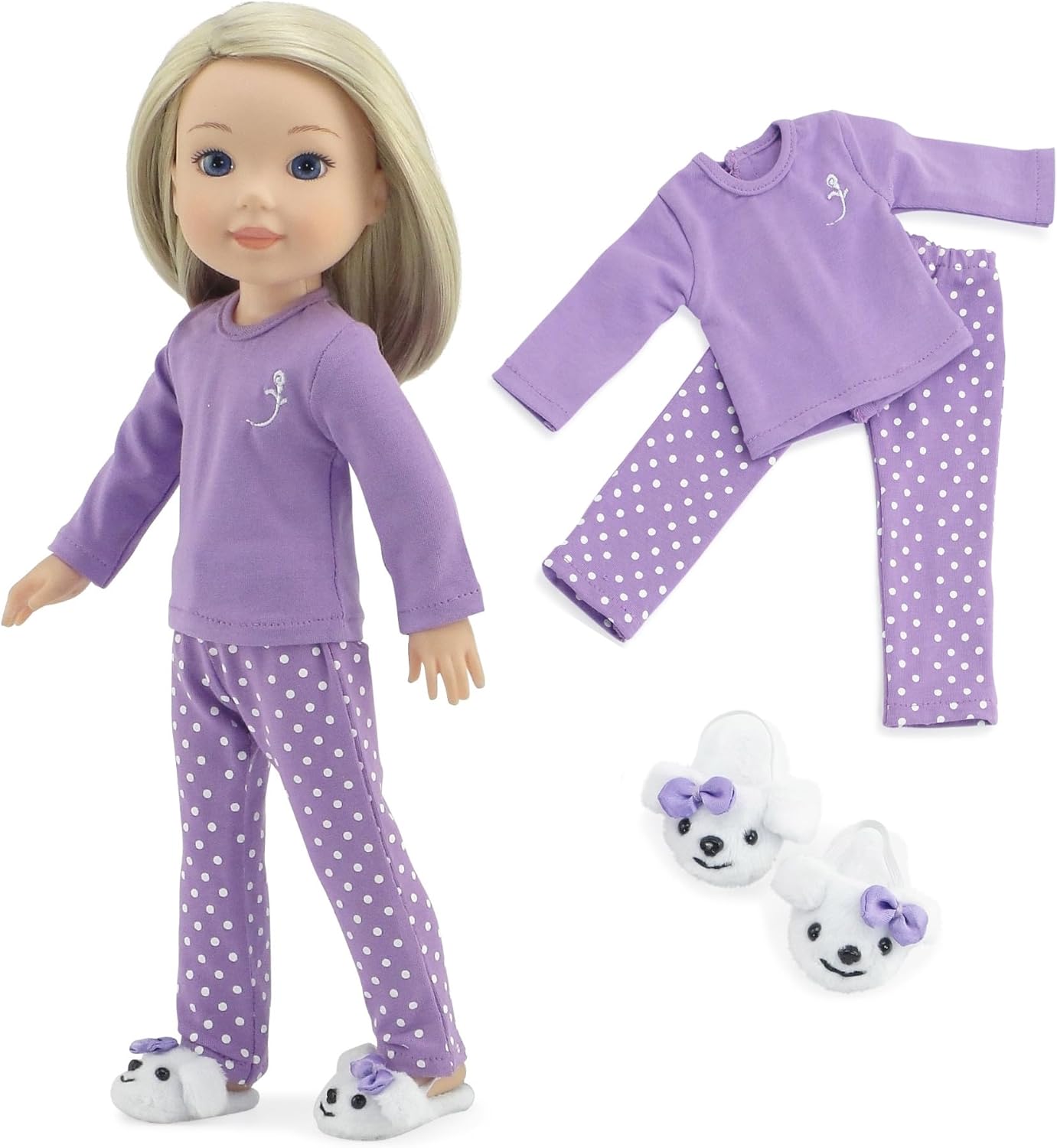 Emily Rose 14 Inch Doll Purple Polka Dot Pajama Set Gift Boxed | USA Brand 3-Piece Sleeping Outfit with Fluffy Puppy Slippers | Encourages Creative Learning | Fits Wellie Wisher & Glitter Girl Dolls