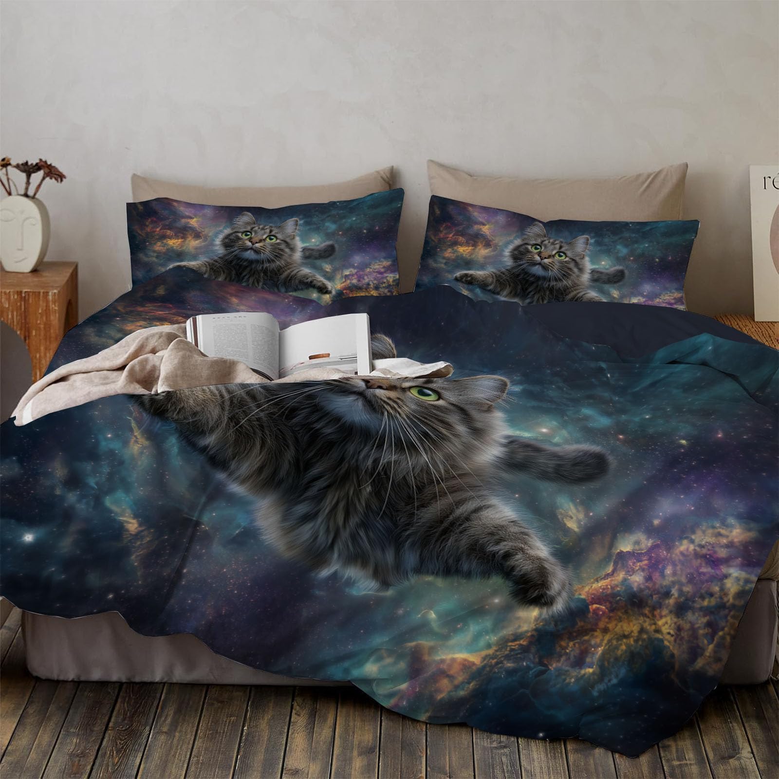 Parure de lit 3 pièces chat astronaute 140x200 pour une décoration de chambre féerique