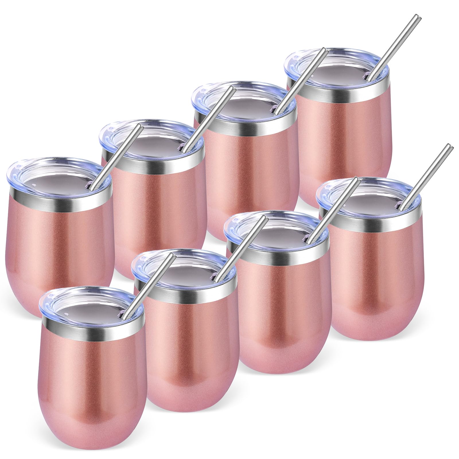 Volhoply 12oz Edelstahl Weinbecher mit Deckel Bulk 8 Pack,Doppelwandige Vakuum Stemless Weingläser,Wiederverwendbare Metall Reise Kaffeebecher mit Strohhalm,Isolierte Tasse Geschenke(Roségold,8)