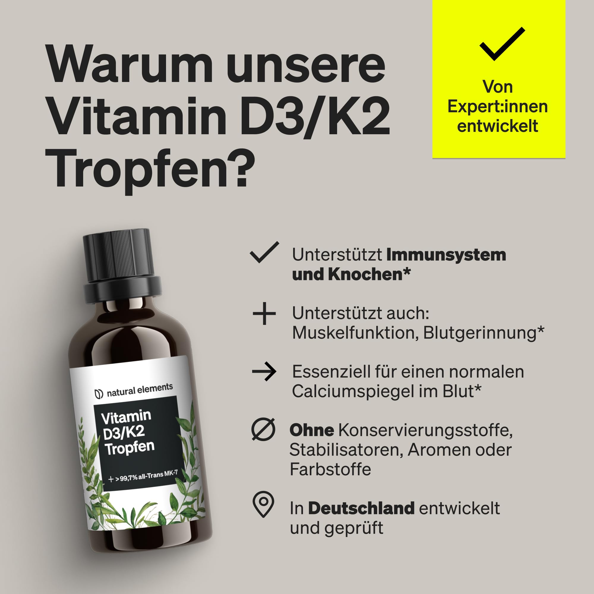 natural elements Vitamin D3 + K2 Tropfen 50ml - Premium: 99,7+% All-Trans (K2VITAL® von Kappa) + hoch bioverfügbares Vitamin D3 - Laborgeprüft, hochdosiert, flüssig und in Deutschland produziert