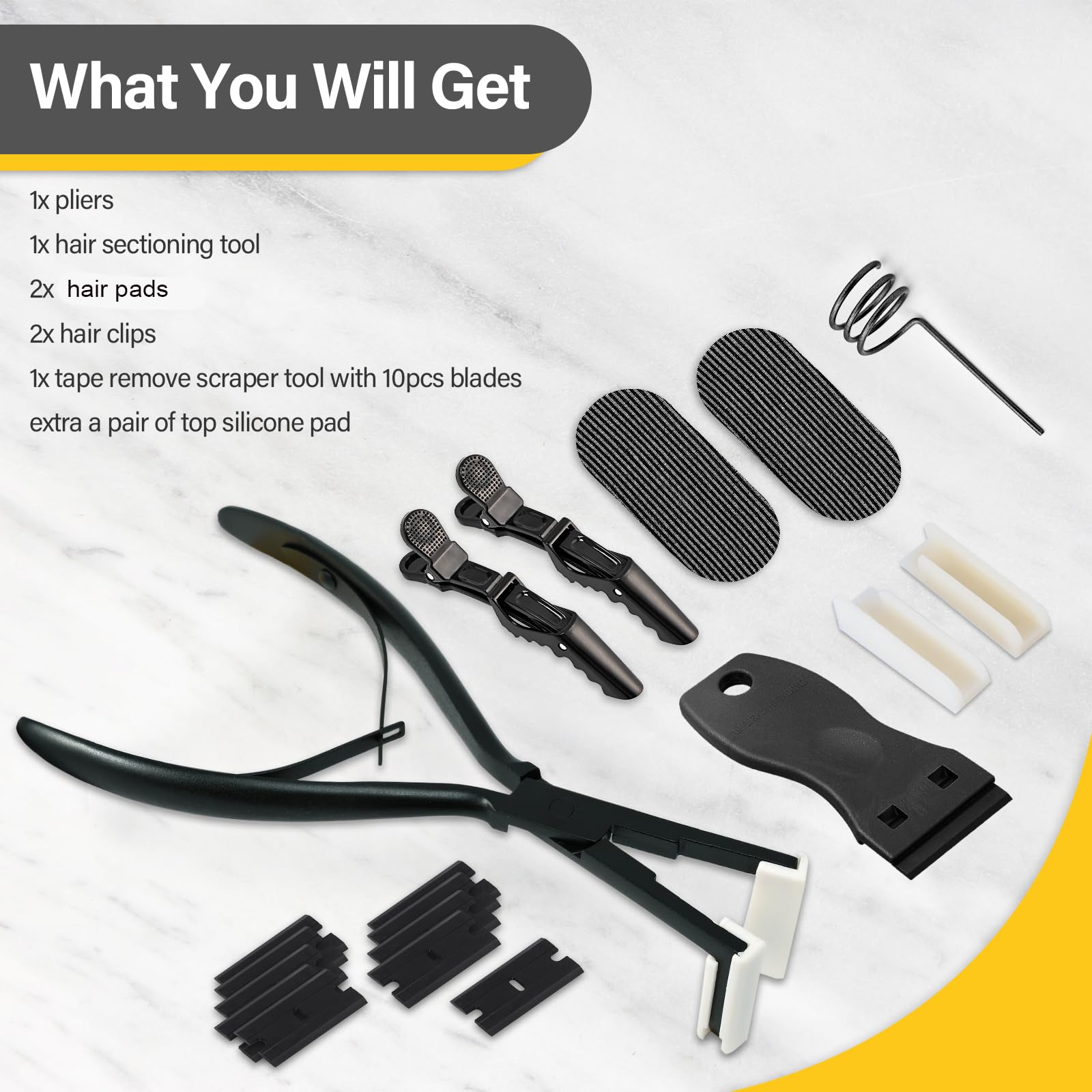 Gomake Kit d'outils d'extension de cheveux avec surface plane en acier inoxydable pour extensions de cheveux, pince d'étanchéité, grattoir à ruban adhésif, pinces à cheveux, outils de coiffure pour