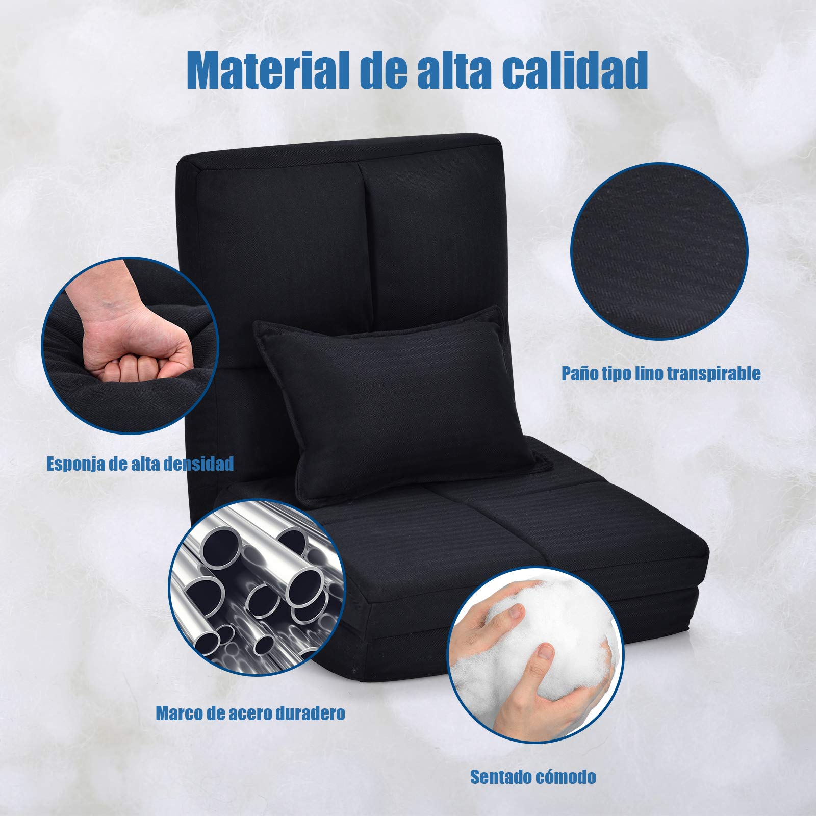 COSTWAY Sofá de Suelo con Respaldo Ajustable Silla Plegable con Función Reclinable y Cojín Lumbarde Asiento Meditación Carga hasta 100kg (Negro)