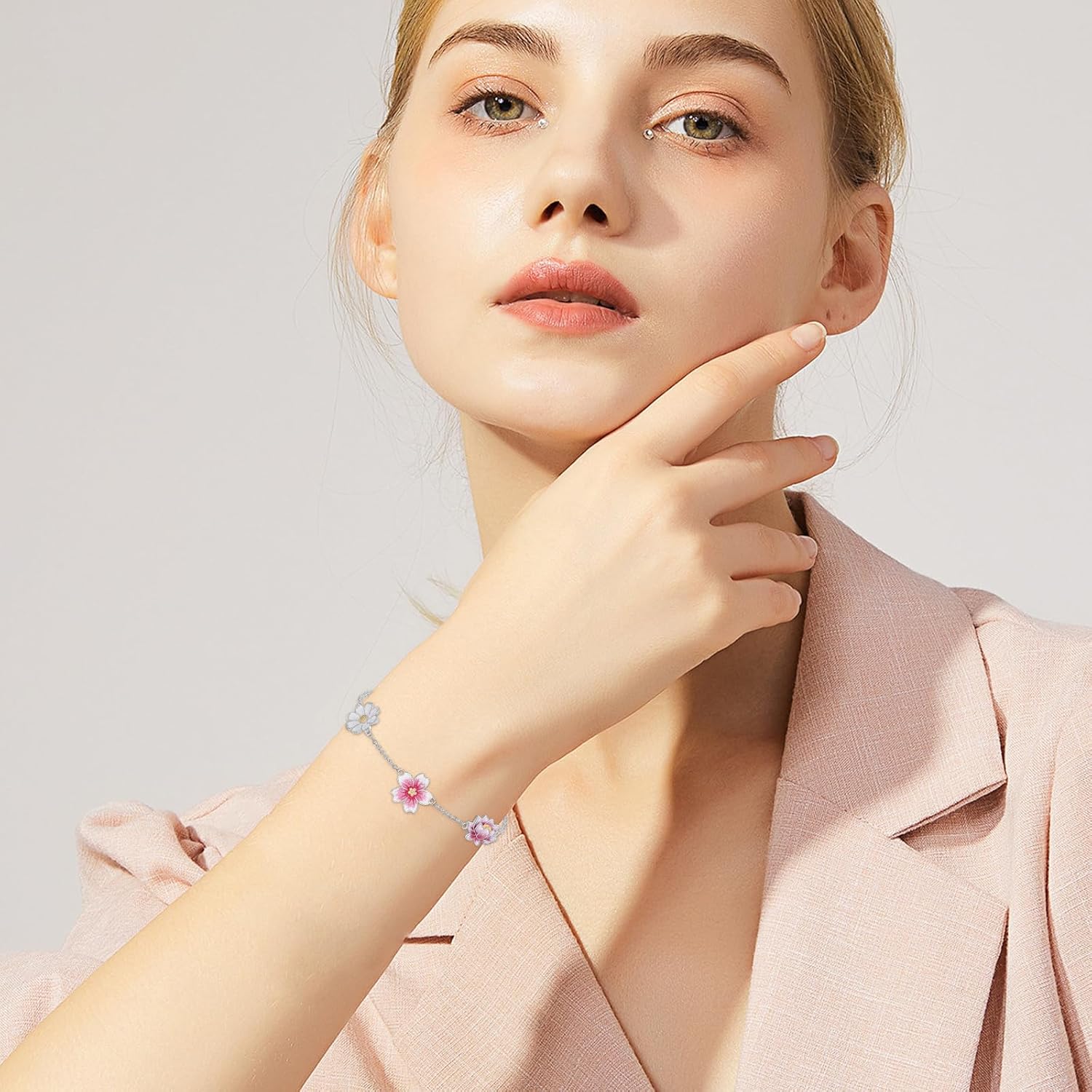 Three Flower Bracelet for Women,925 Sterling Silver Daisy/Cherry Blossom/Lotus Bracelets,Birth Flowers Jewelry Anniversary Birthday Gifts for Girlfriend Wife 7''+2'' - Image 2
